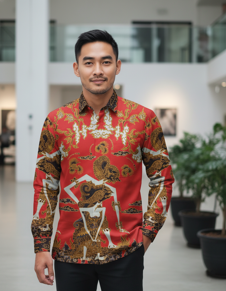 Pola kemeja batik tulis motif Punakawan Merah menyala, menampilkan tokoh wayang dengan detail emas yang kaya.