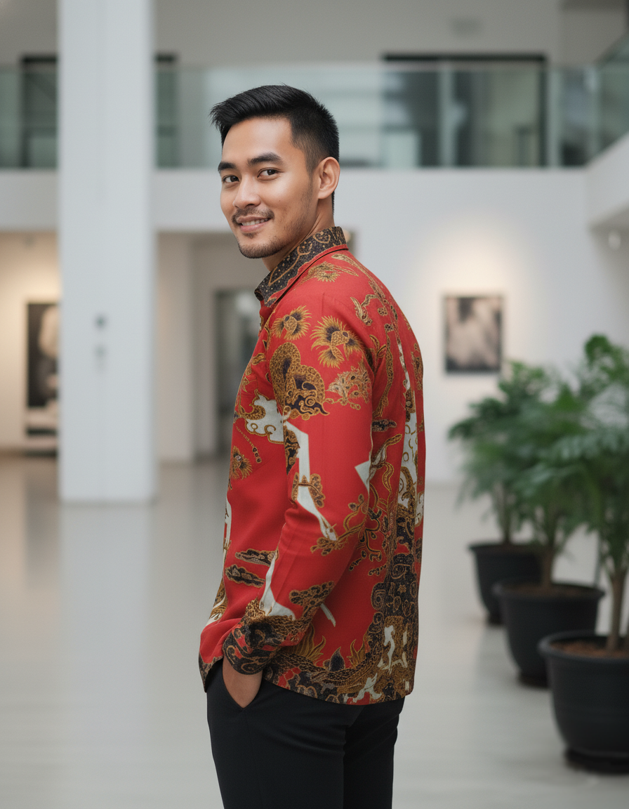 Pola kemeja batik tulis motif Punakawan Merah menyala, menampilkan tokoh wayang dengan detail emas yang kaya.