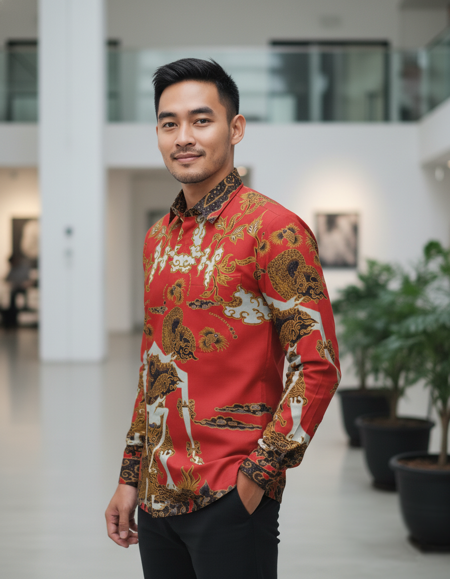 Pola kemeja batik tulis motif Punakawan Merah menyala, menampilkan tokoh wayang dengan detail emas yang kaya.