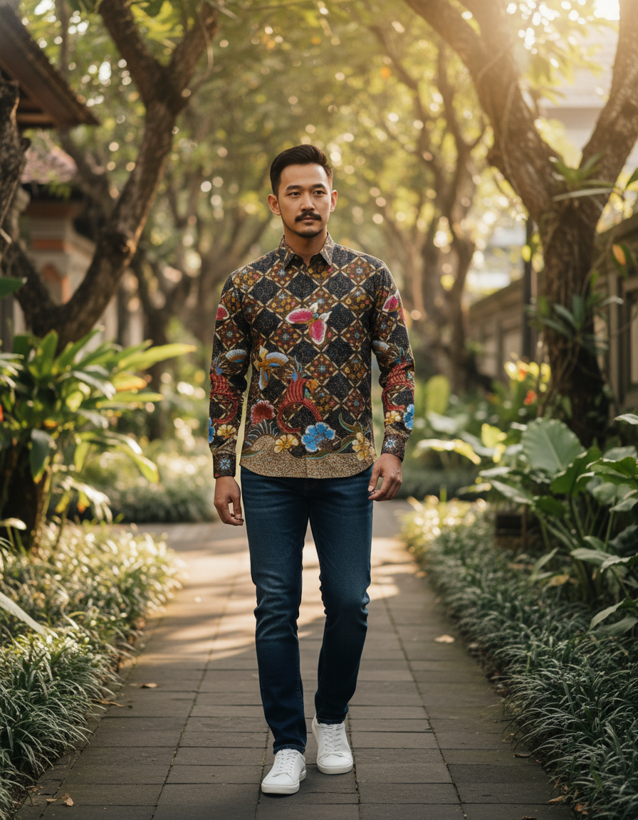 Mockup kemeja batik pria dengan motif taman firdaus, menampilkan burung Phoenix dan bunga warna-warni di atas kain katun primissima.