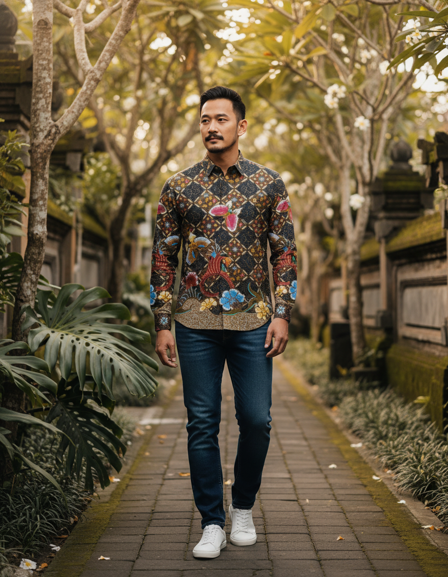 Mockup kemeja batik pria dengan motif taman firdaus, menampilkan burung Phoenix dan bunga warna-warni di atas kain katun primissima.