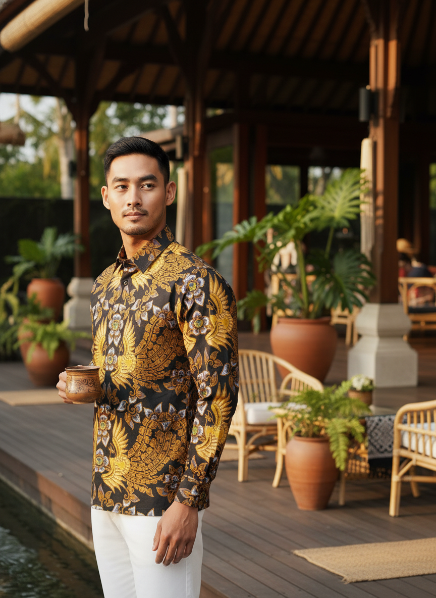 Mockup kemeja batik pria dengan motif Garuda Mirong berwarna emas, melambangkan wibawa dan perlindungan di atas katun primissima.