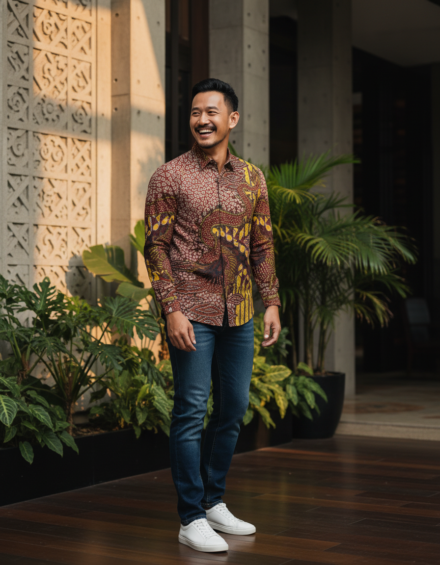 Mockup kemeja batik tulis sutra motif Naga Basuki dengan warna dominan sogan, memancarkan wibawa.