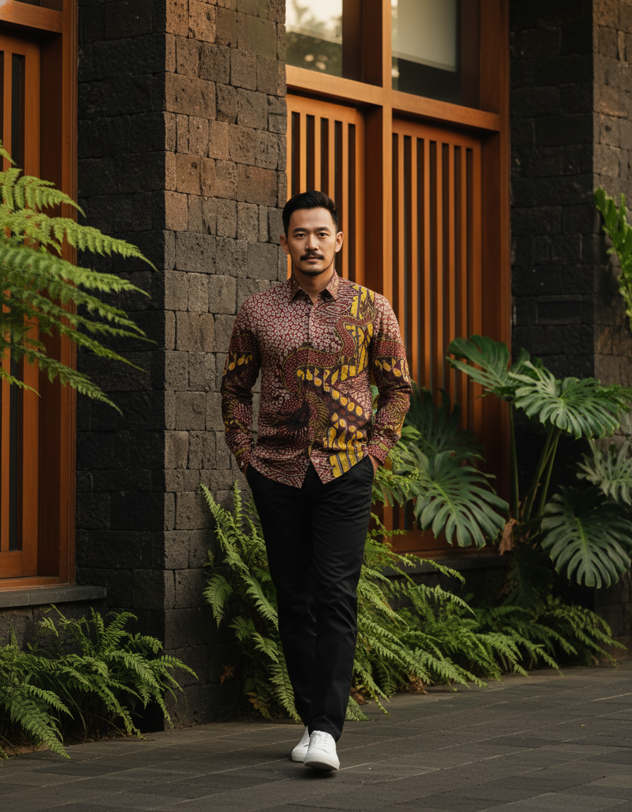 Mockup kemeja batik tulis sutra motif Naga Basuki dengan warna dominan sogan, memancarkan wibawa.