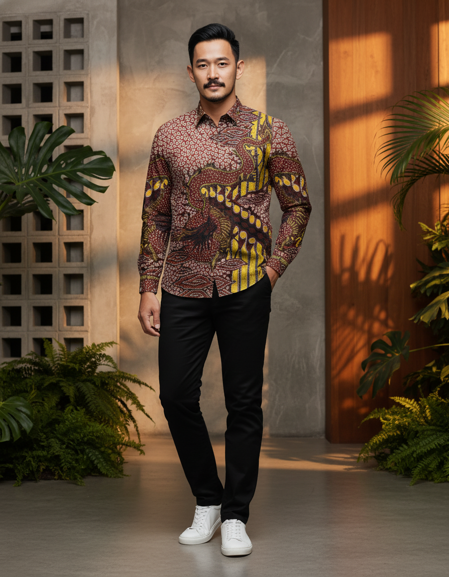 Mockup kemeja batik tulis sutra motif Naga Basuki dengan warna dominan sogan, memancarkan wibawa.