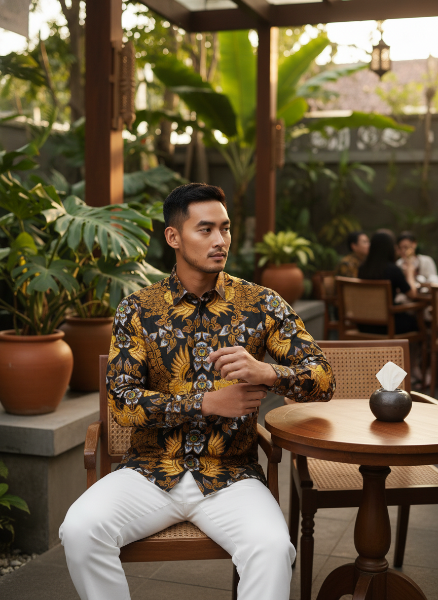 Mockup kemeja batik pria dengan motif Garuda Mirong berwarna emas, melambangkan wibawa dan perlindungan di atas katun primissima.