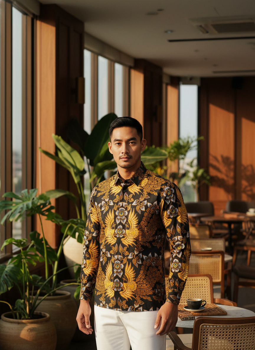 Mockup kemeja batik pria dengan motif Garuda Mirong berwarna emas, melambangkan wibawa dan perlindungan di atas katun primissima.