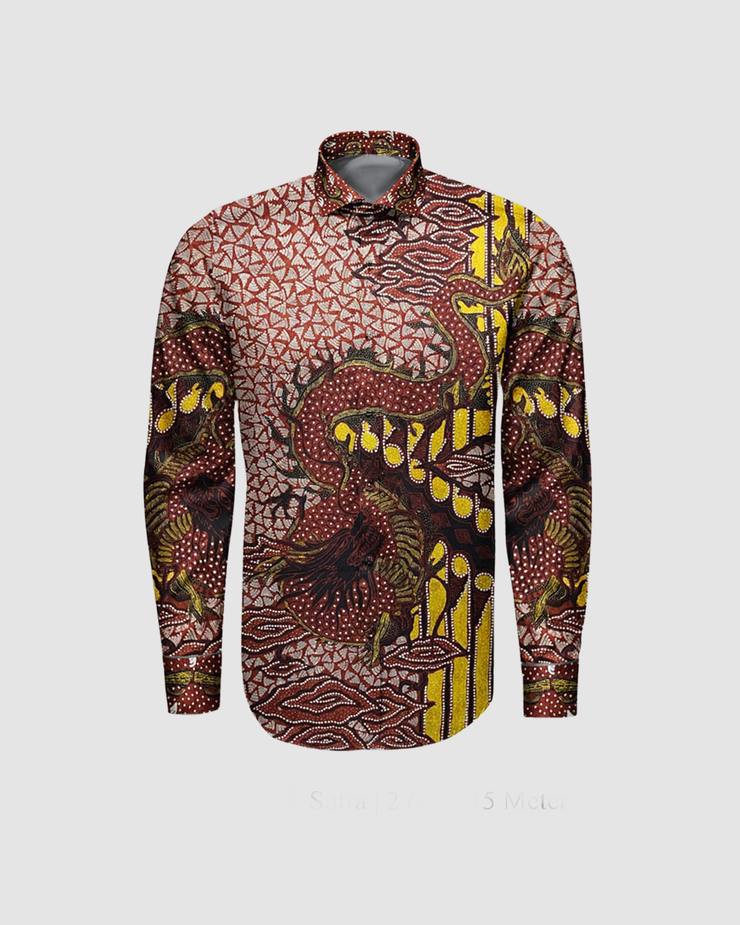 Mockup kemeja batik tulis sutra motif Naga Basuki dengan warna dominan sogan, memancarkan wibawa.