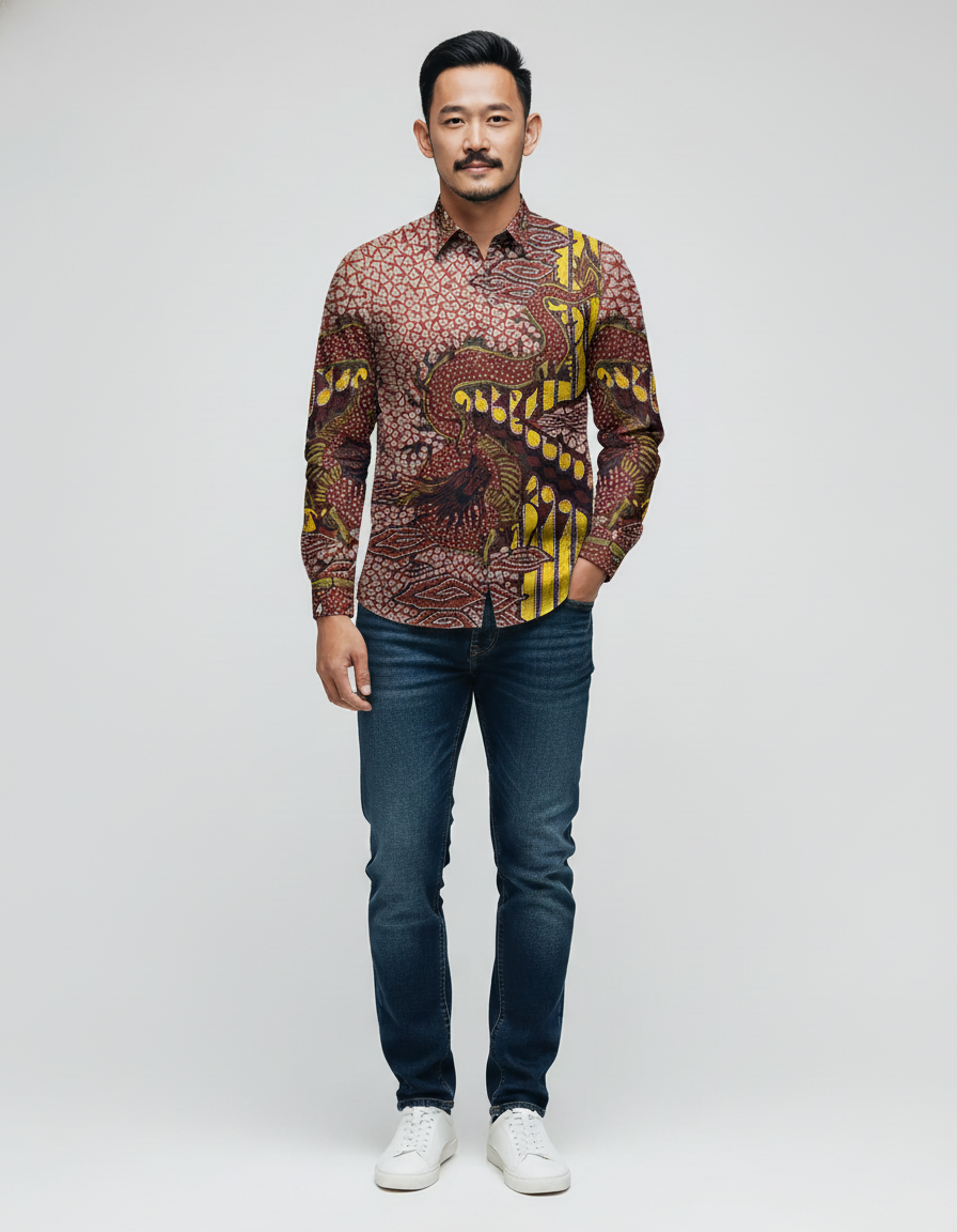 Mockup kemeja batik tulis sutra motif Naga Basuki dengan warna dominan sogan, memancarkan wibawa.