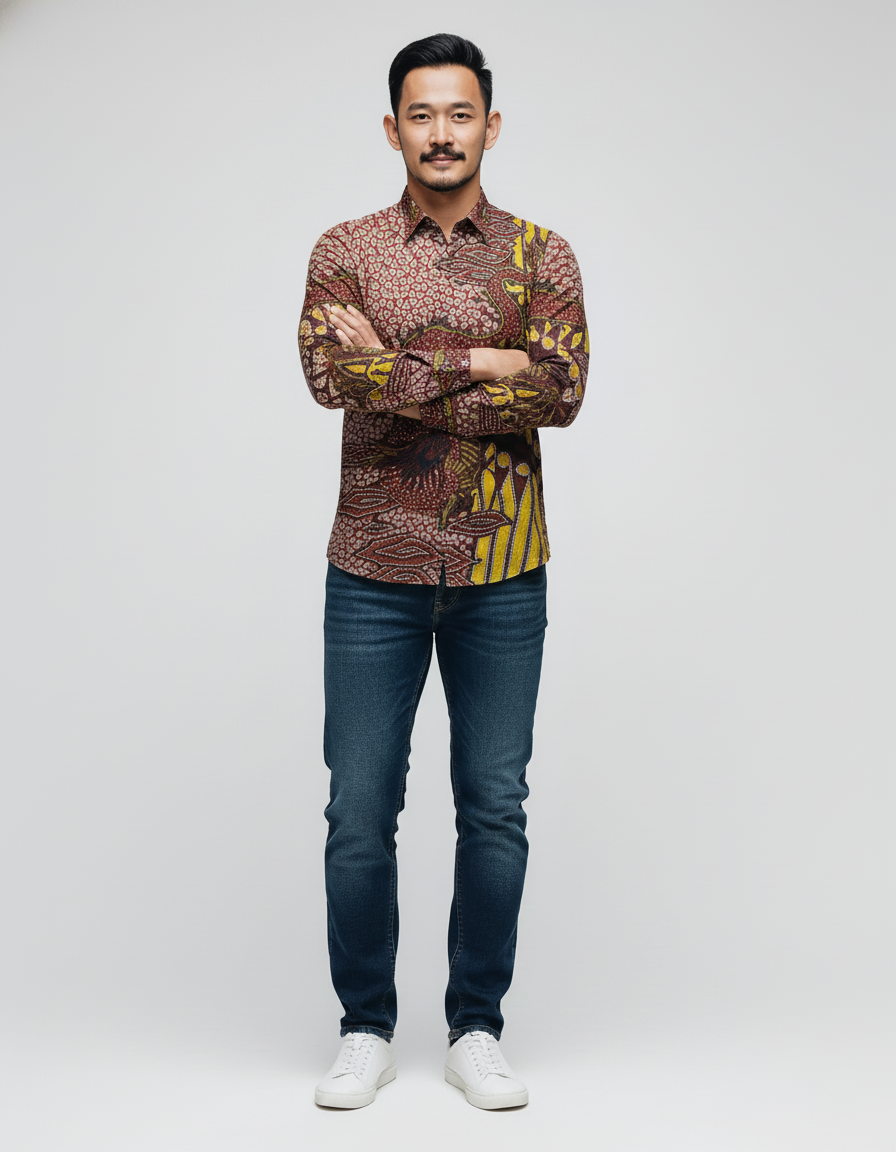 Mockup kemeja batik tulis sutra motif Naga Basuki dengan warna dominan sogan, memancarkan wibawa.