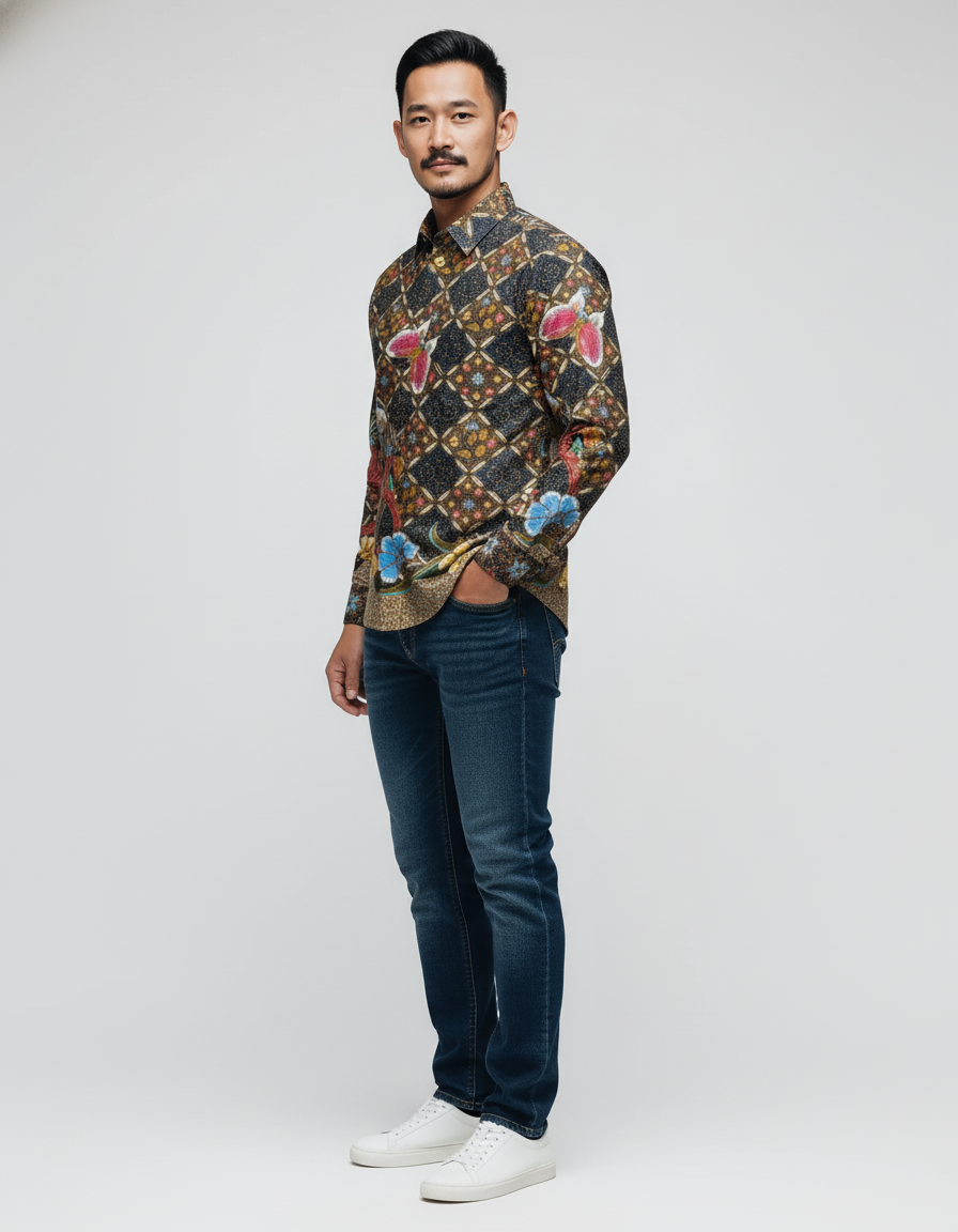Mockup kemeja batik pria dengan motif taman firdaus, menampilkan burung Phoenix dan bunga warna-warni di atas kain katun primissima.