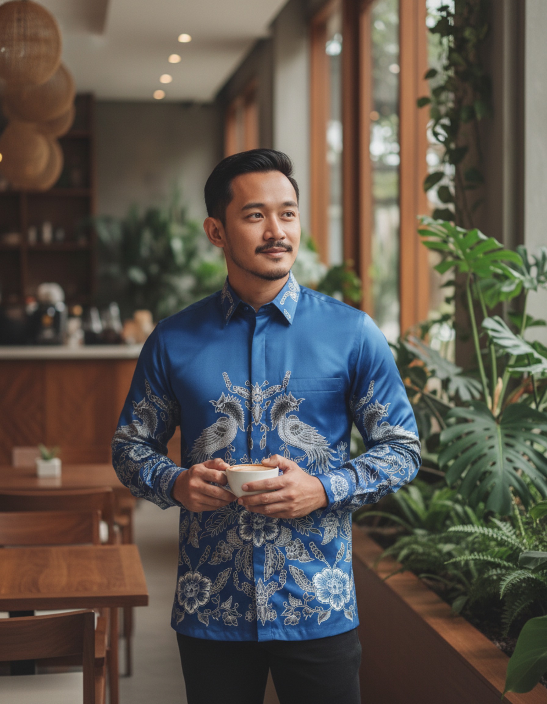 Kain batik tulis motif Paksi Nirwana warna biru dengan detail burung dan bunga, dirancang sebagai pola kemeja pria eksklusif.