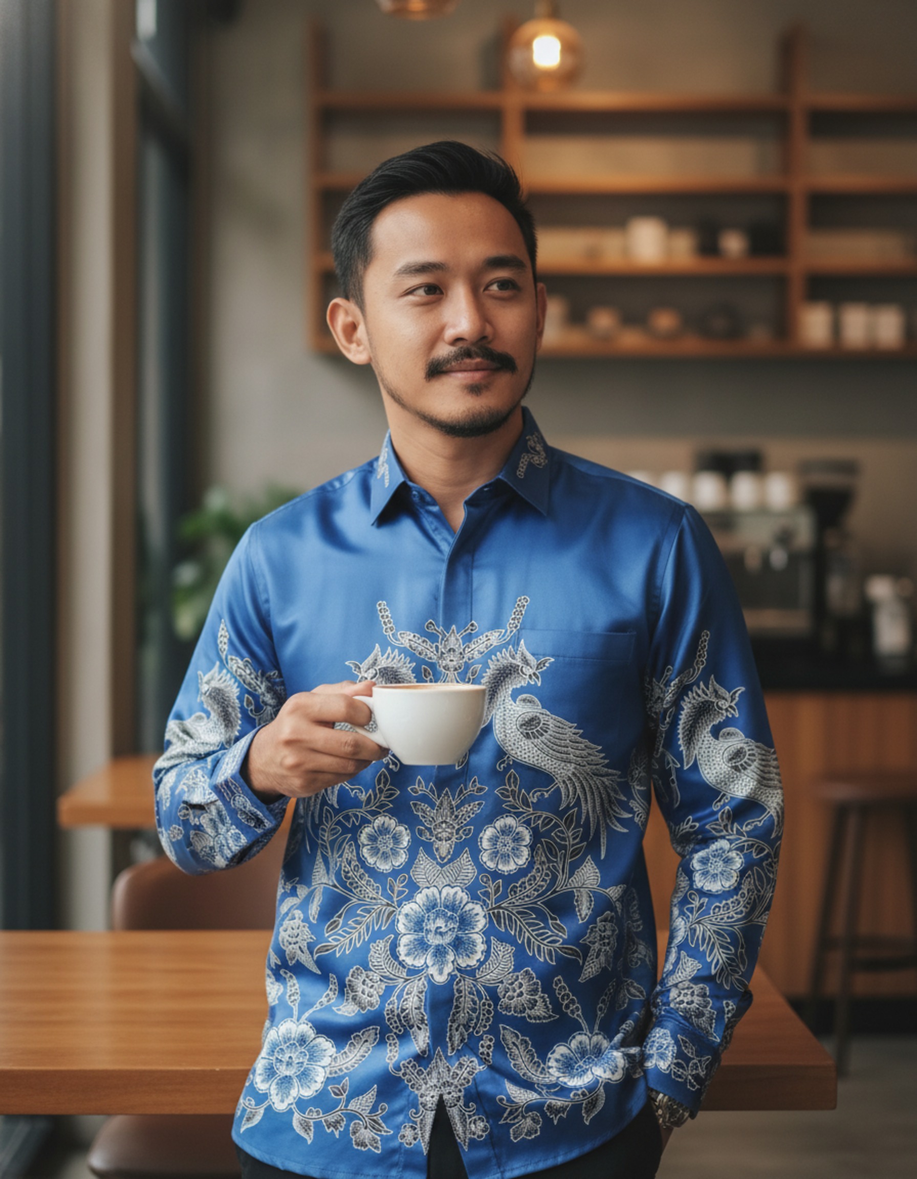 Kain batik tulis motif Paksi Nirwana warna biru dengan detail burung dan bunga, dirancang sebagai pola kemeja pria eksklusif.