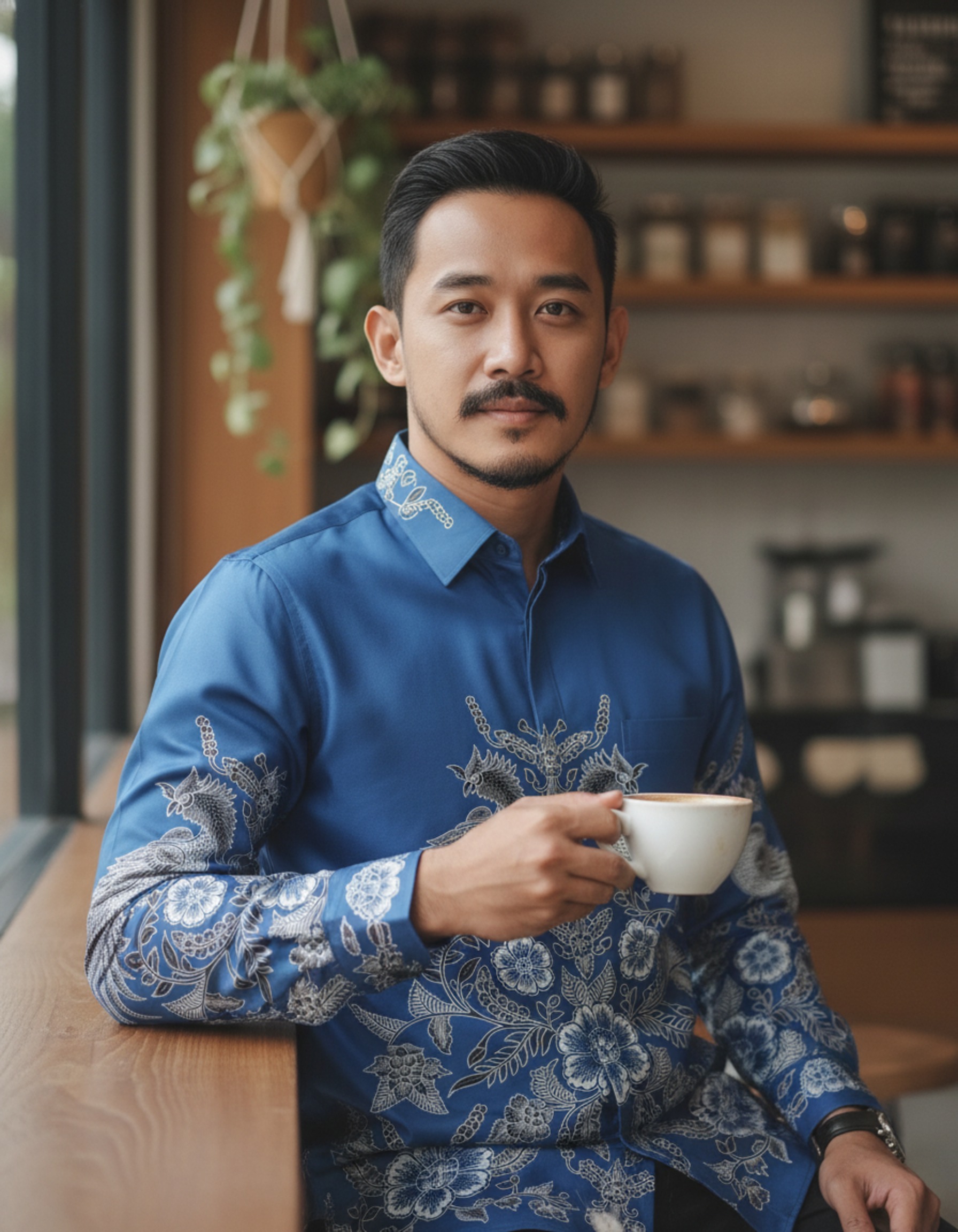 Kain batik tulis motif Paksi Nirwana warna biru dengan detail burung dan bunga, dirancang sebagai pola kemeja pria eksklusif.