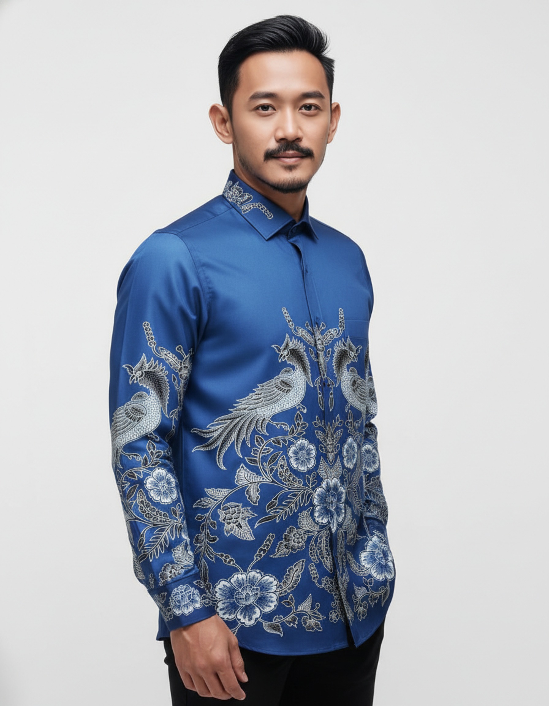 Kain batik tulis motif Paksi Nirwana warna biru dengan detail burung dan bunga, dirancang sebagai pola kemeja pria eksklusif.