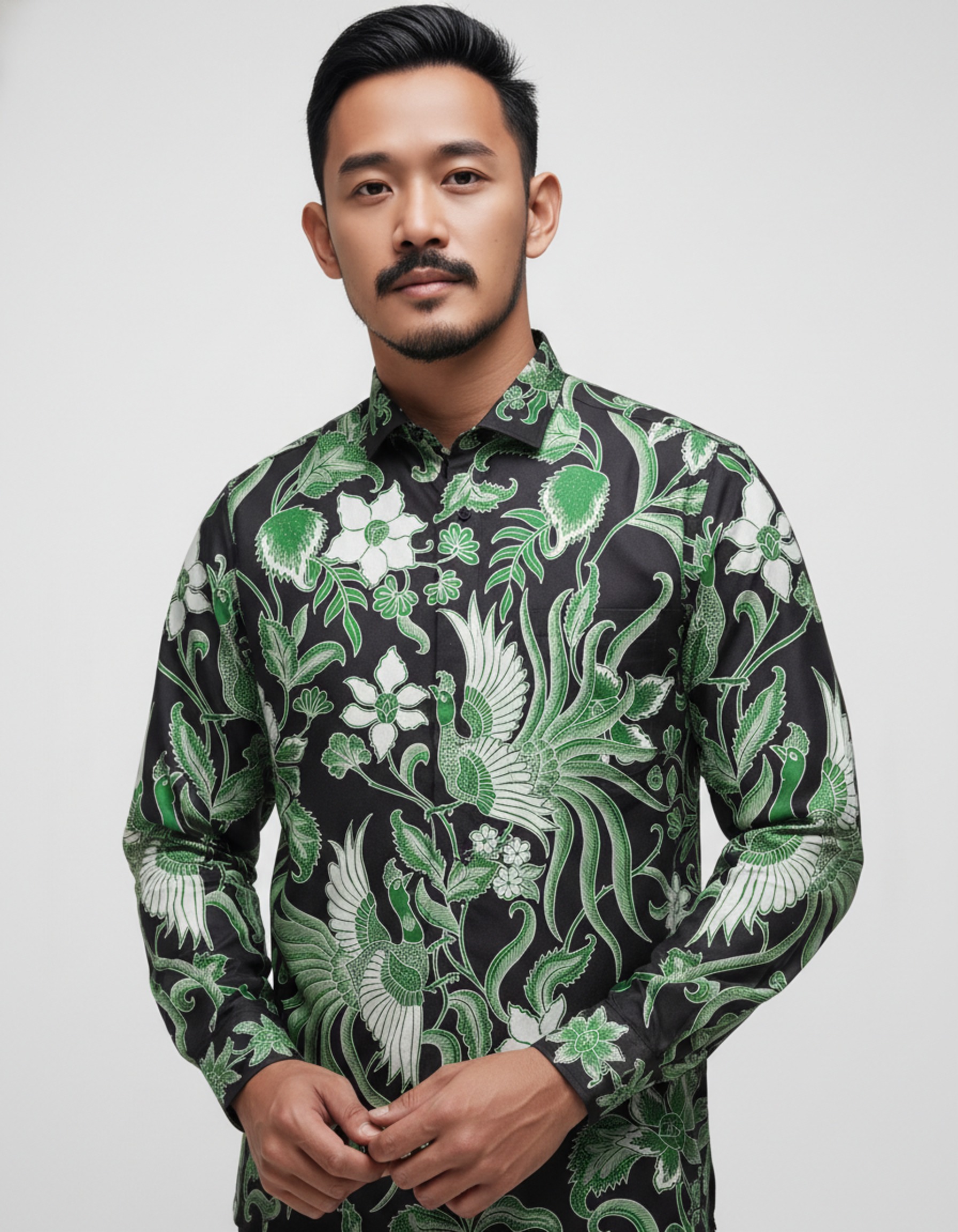 Mockup kemeja batik tulis motif burung Paksi Nirwana hijau di atas kain katun primissima yang elegan.