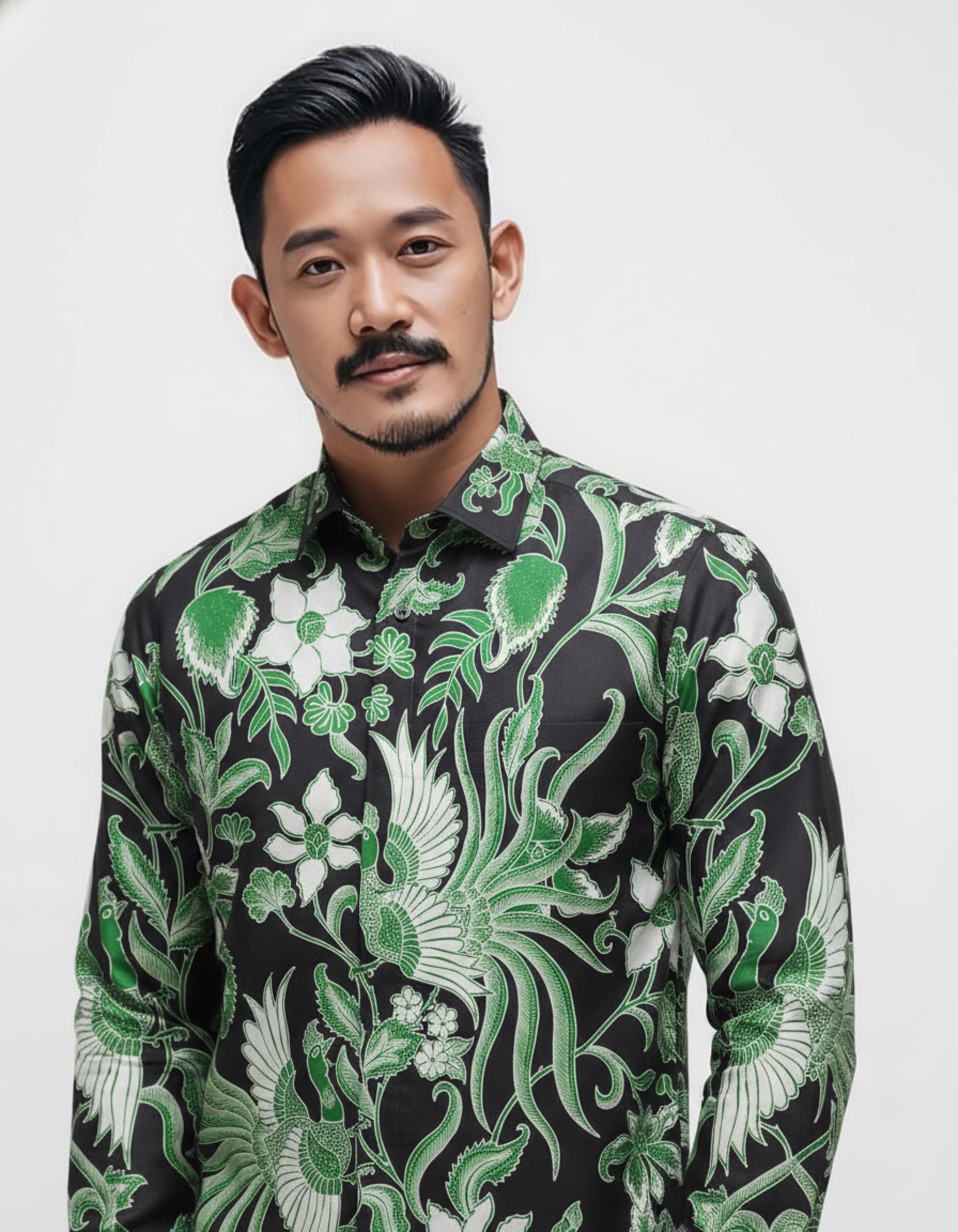 Mockup kemeja batik tulis motif burung Paksi Nirwana hijau di atas kain katun primissima yang elegan.