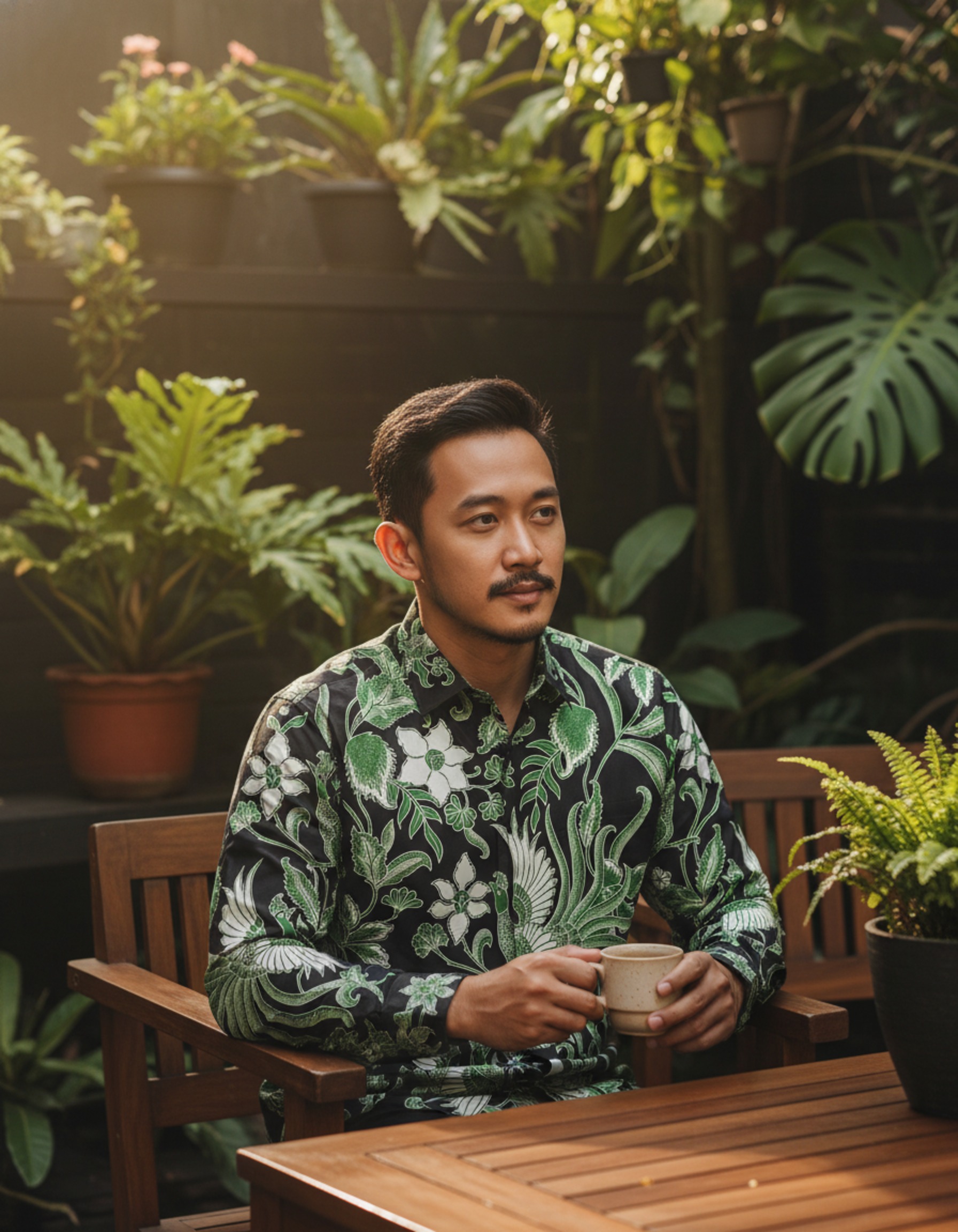 Mockup kemeja batik tulis motif burung Paksi Nirwana hijau di atas kain katun primissima yang elegan.