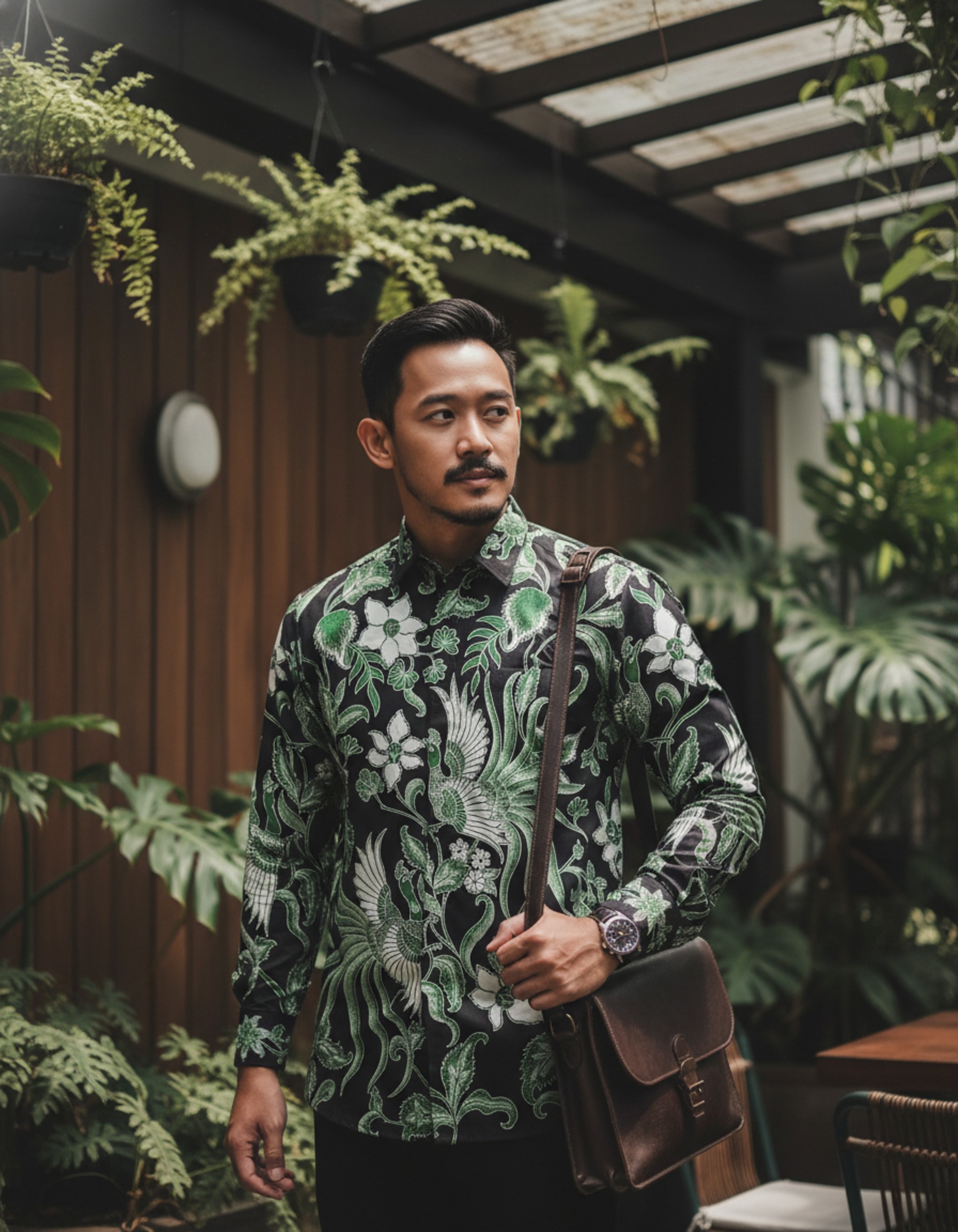 Mockup kemeja batik tulis motif burung Paksi Nirwana hijau di atas kain katun primissima yang elegan.