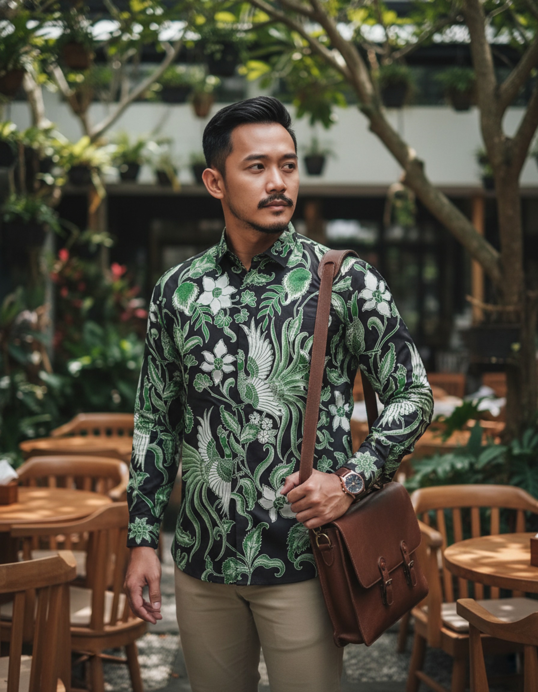 Mockup kemeja batik tulis motif burung Paksi Nirwana hijau di atas kain katun primissima yang elegan.