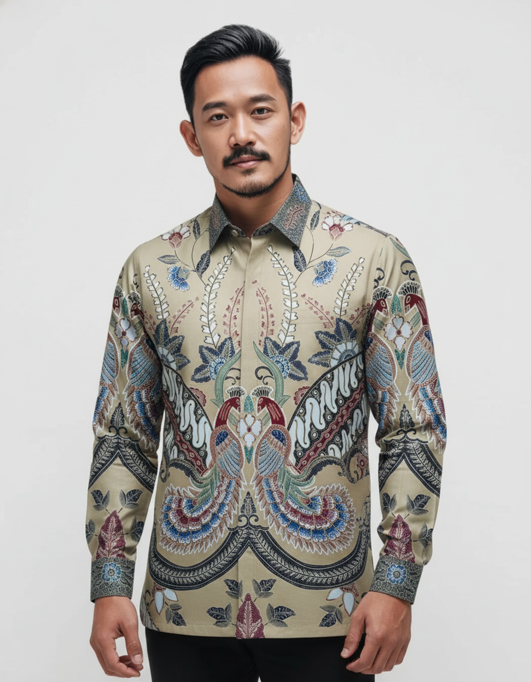 Pola kemeja batik tulis motif sepasang burung Paksi Kencana di atas kain katun primissima berwarna krem.