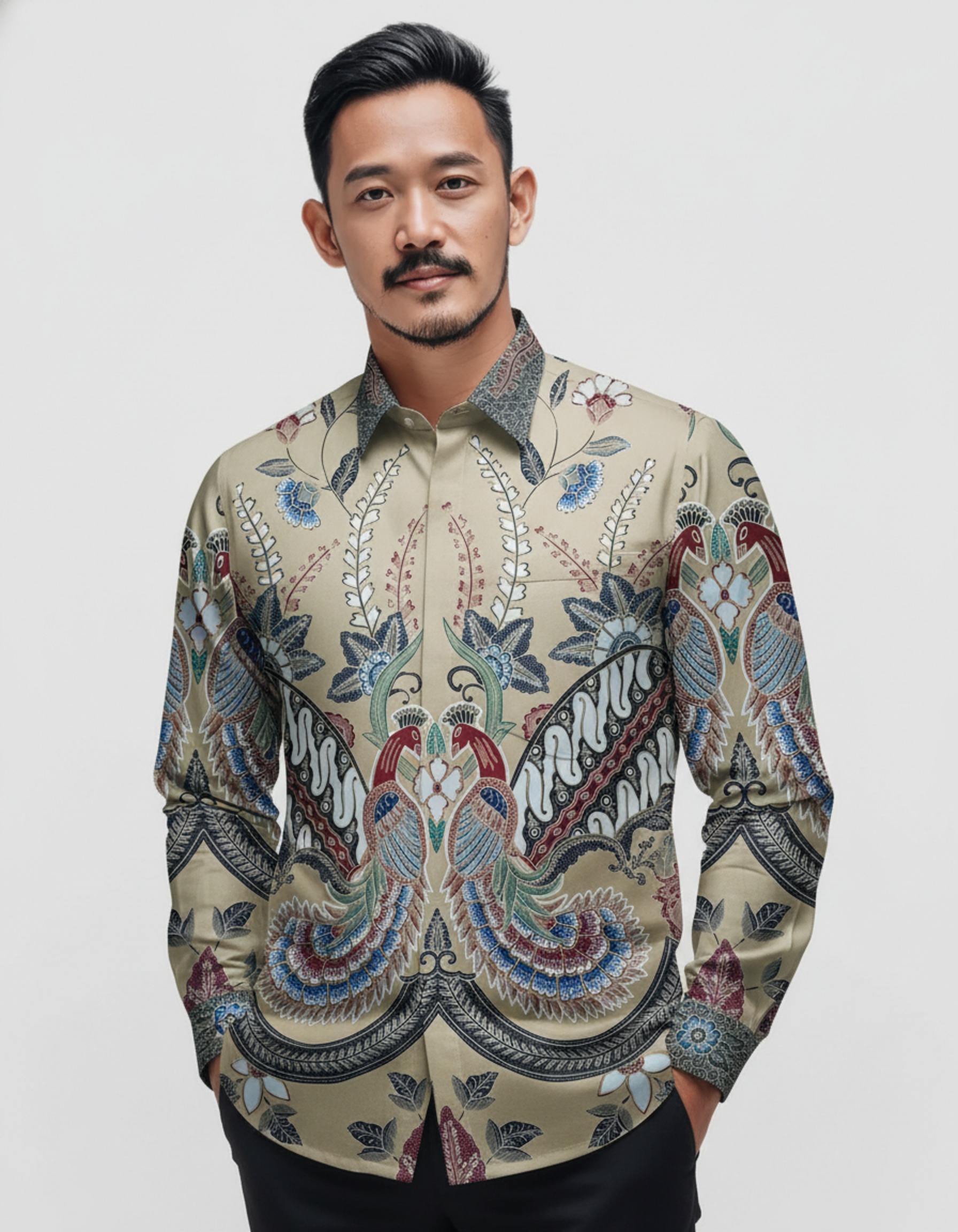 Pola kemeja batik tulis motif sepasang burung Paksi Kencana di atas kain katun primissima berwarna krem.