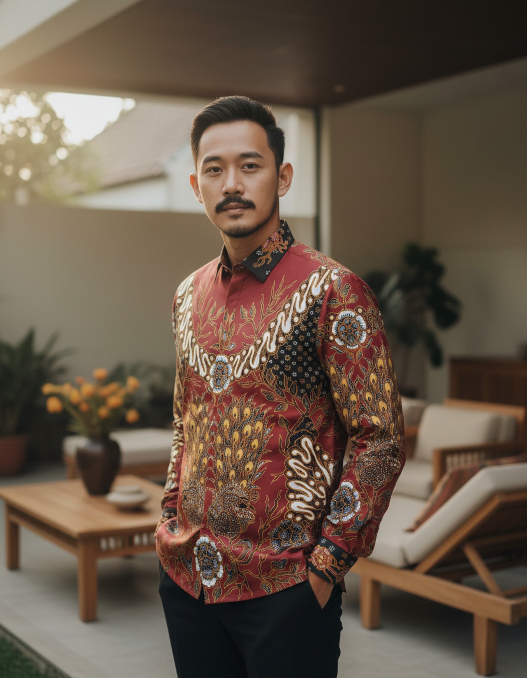 Kemeja batik tulis pria lengan panjang dengan motif sepasang merak berwarna merah saga dan sogan di atas bahan katun premium.