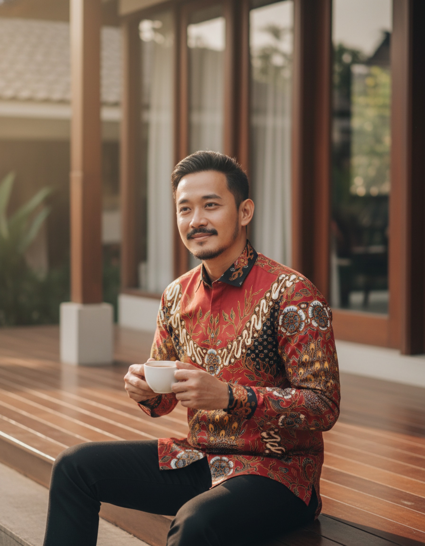 Kemeja batik tulis pria lengan panjang dengan motif sepasang merak berwarna merah saga dan sogan di atas bahan katun premium.