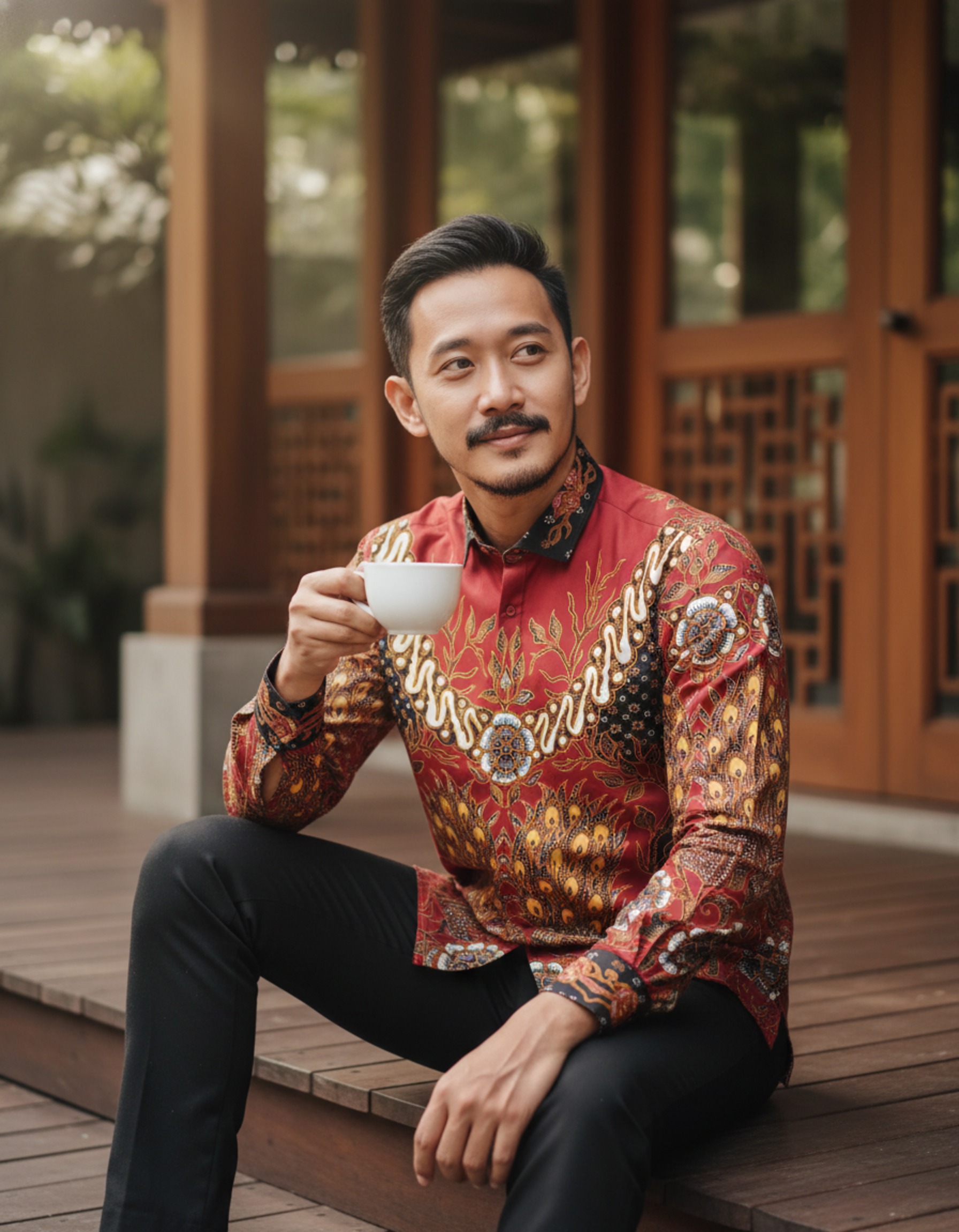 Kemeja batik tulis pria lengan panjang dengan motif sepasang merak berwarna merah saga dan sogan di atas bahan katun premium.