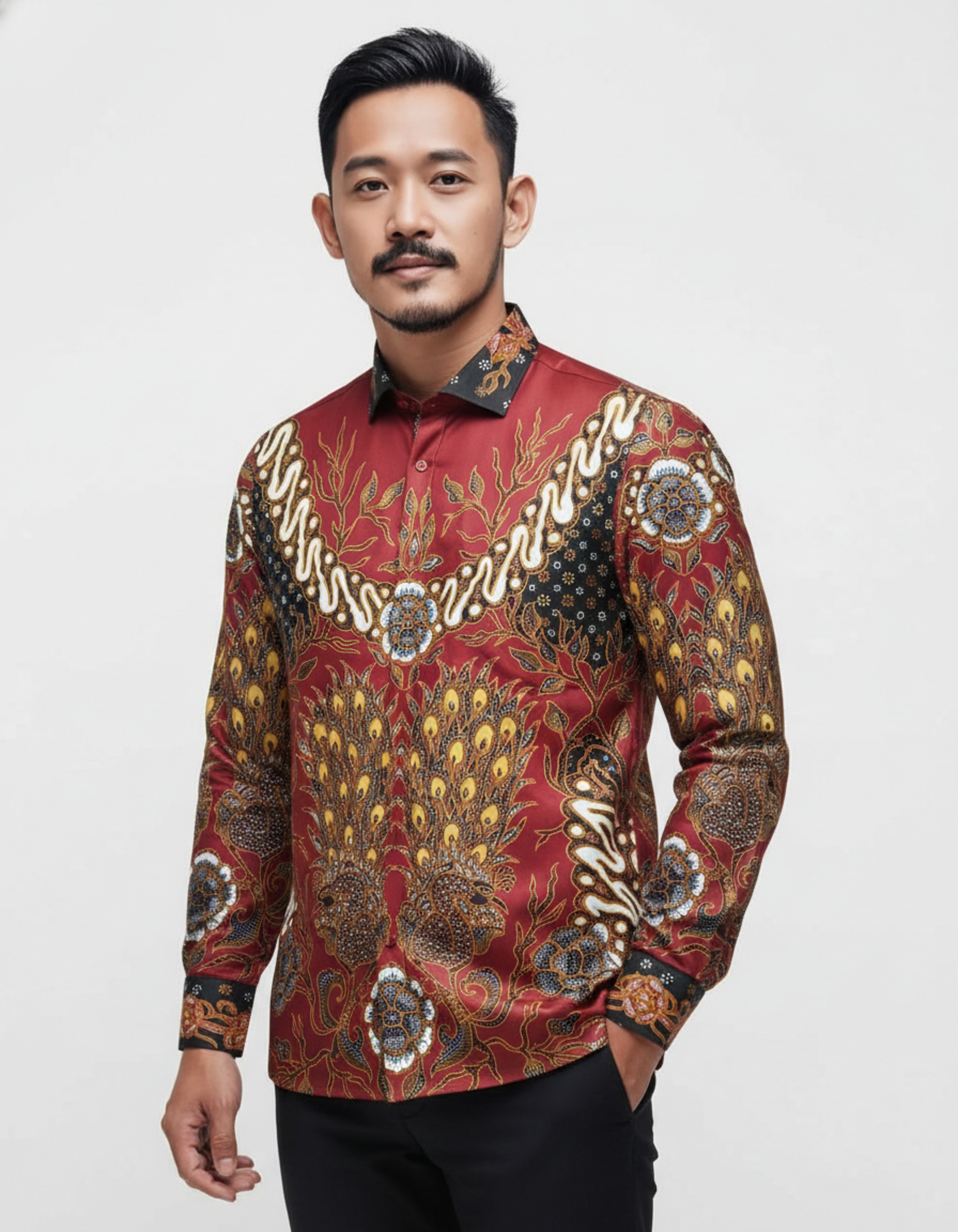 Kemeja batik tulis pria lengan panjang dengan motif sepasang merak berwarna merah saga dan sogan di atas bahan katun premium.