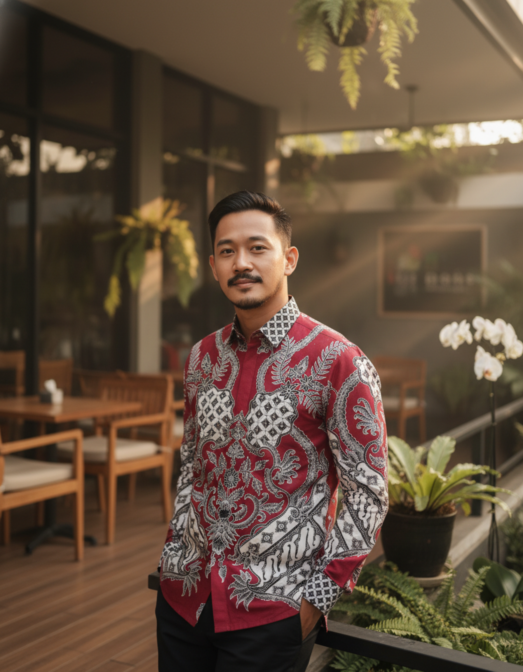 Mockup kemeja batik tulis lengan panjang motif Cakra Jiwa warna merah dan putih di atas bahan katun yang elegan.