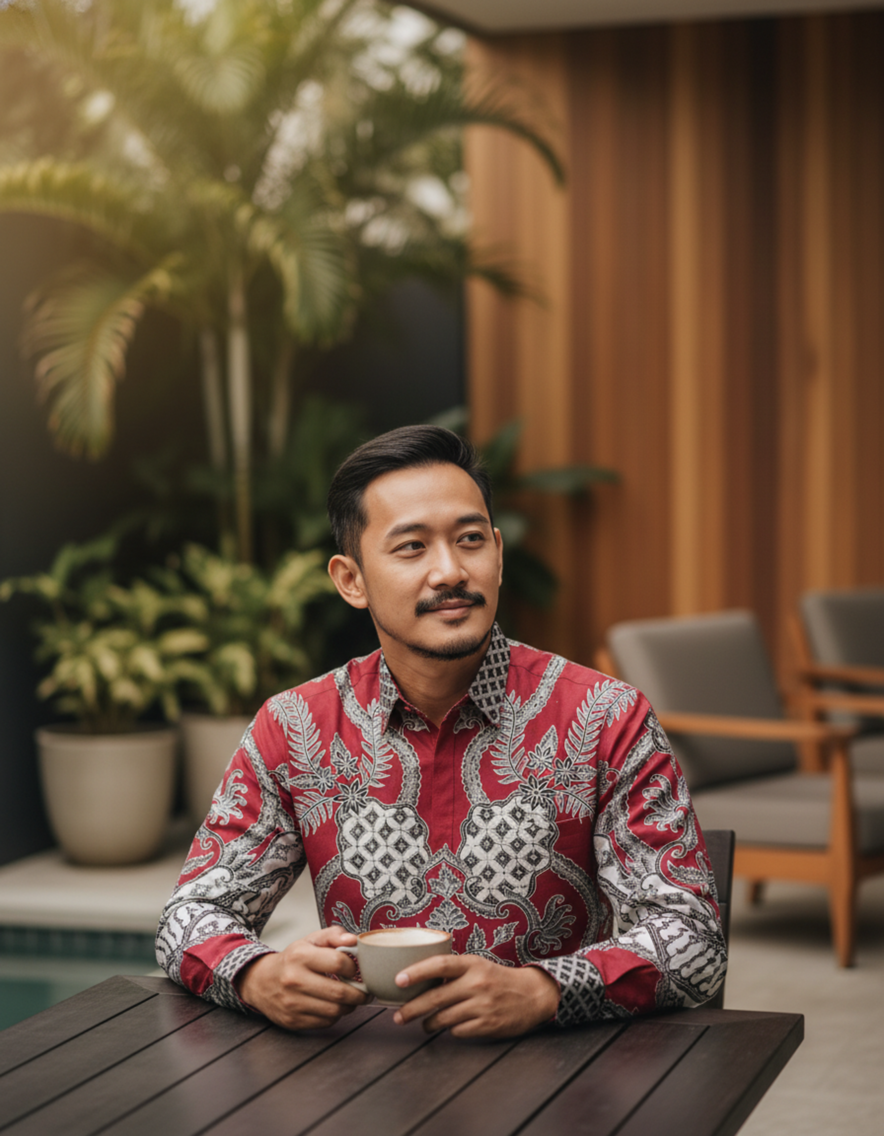 Mockup kemeja batik tulis lengan panjang motif Cakra Jiwa warna merah dan putih di atas bahan katun yang elegan.