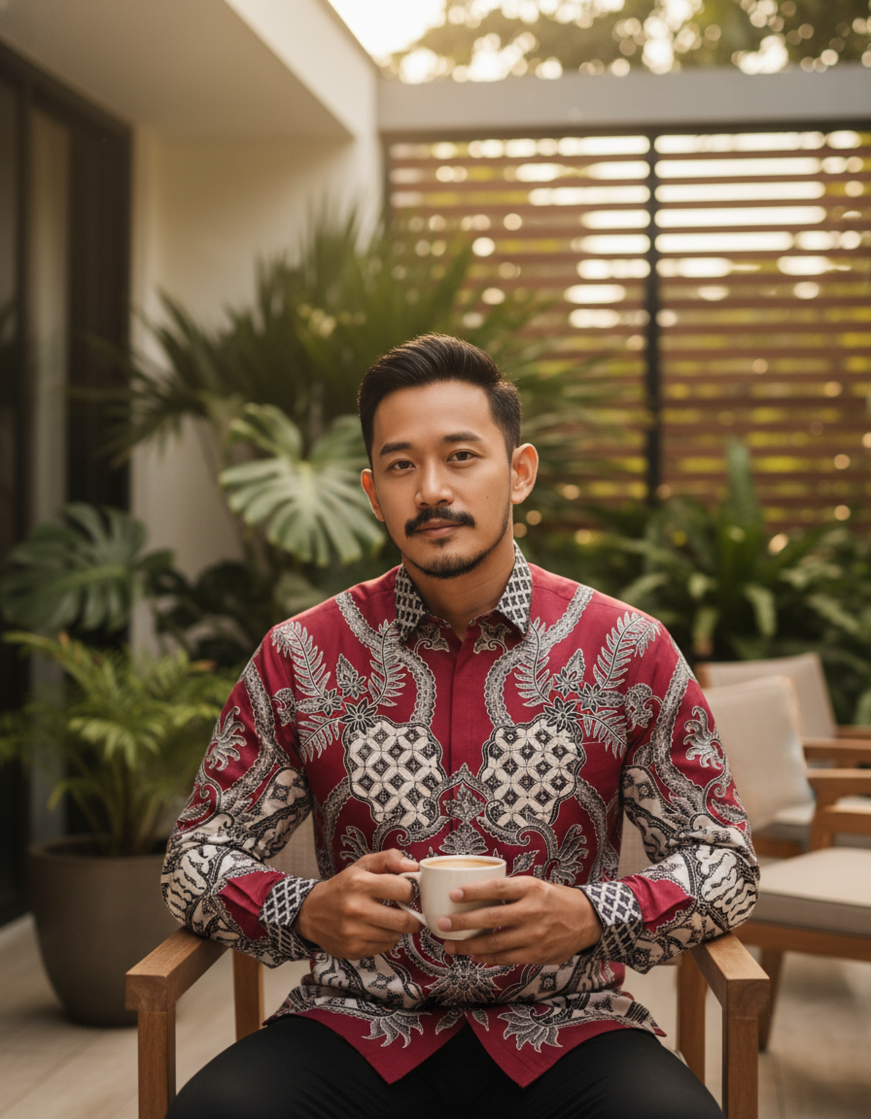 Mockup kemeja batik tulis lengan panjang motif Cakra Jiwa warna merah dan putih di atas bahan katun yang elegan.