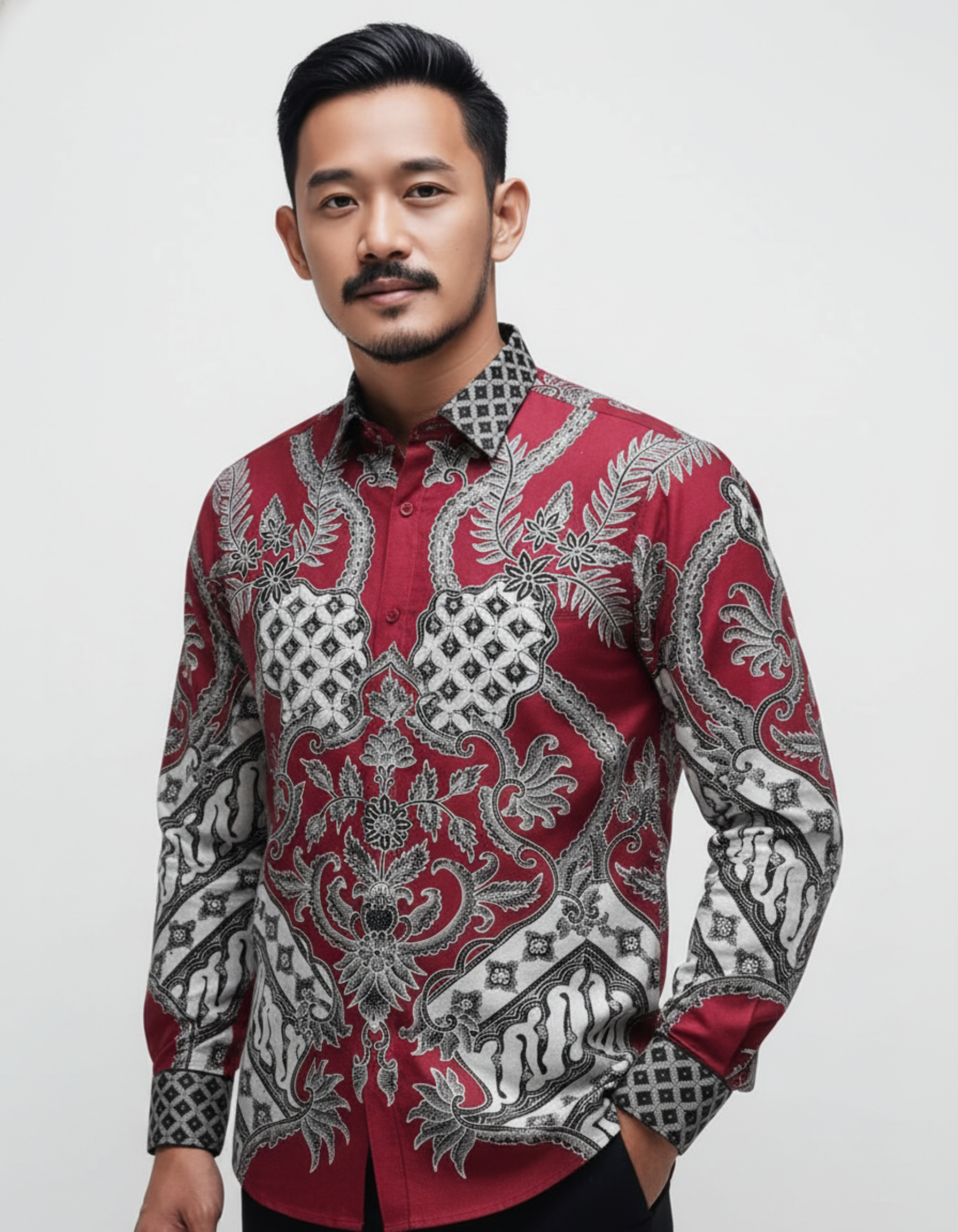 Mockup kemeja batik tulis lengan panjang motif Cakra Jiwa warna merah dan putih di atas bahan katun yang elegan.