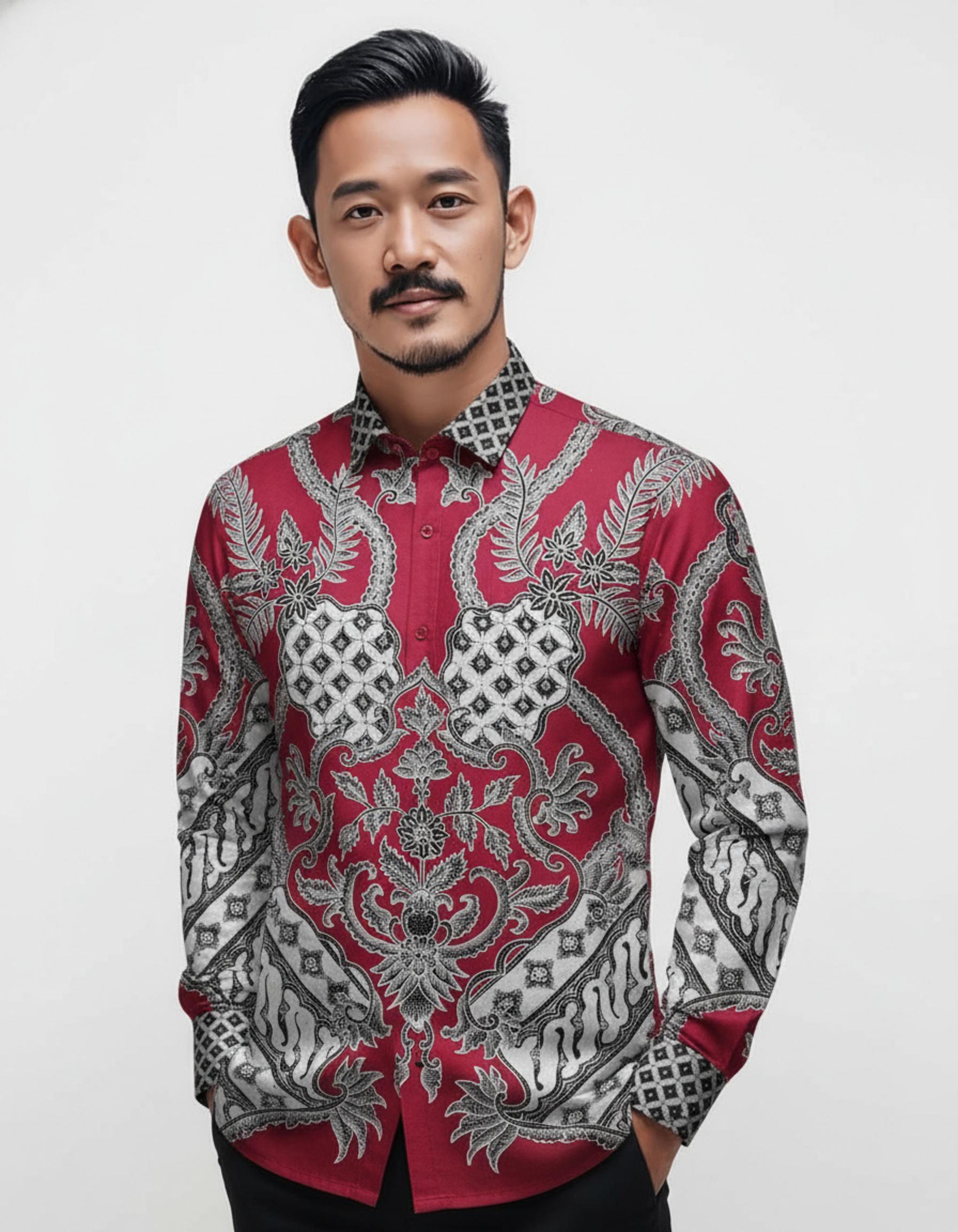 Mockup kemeja batik tulis lengan panjang motif Cakra Jiwa warna merah dan putih di atas bahan katun yang elegan.