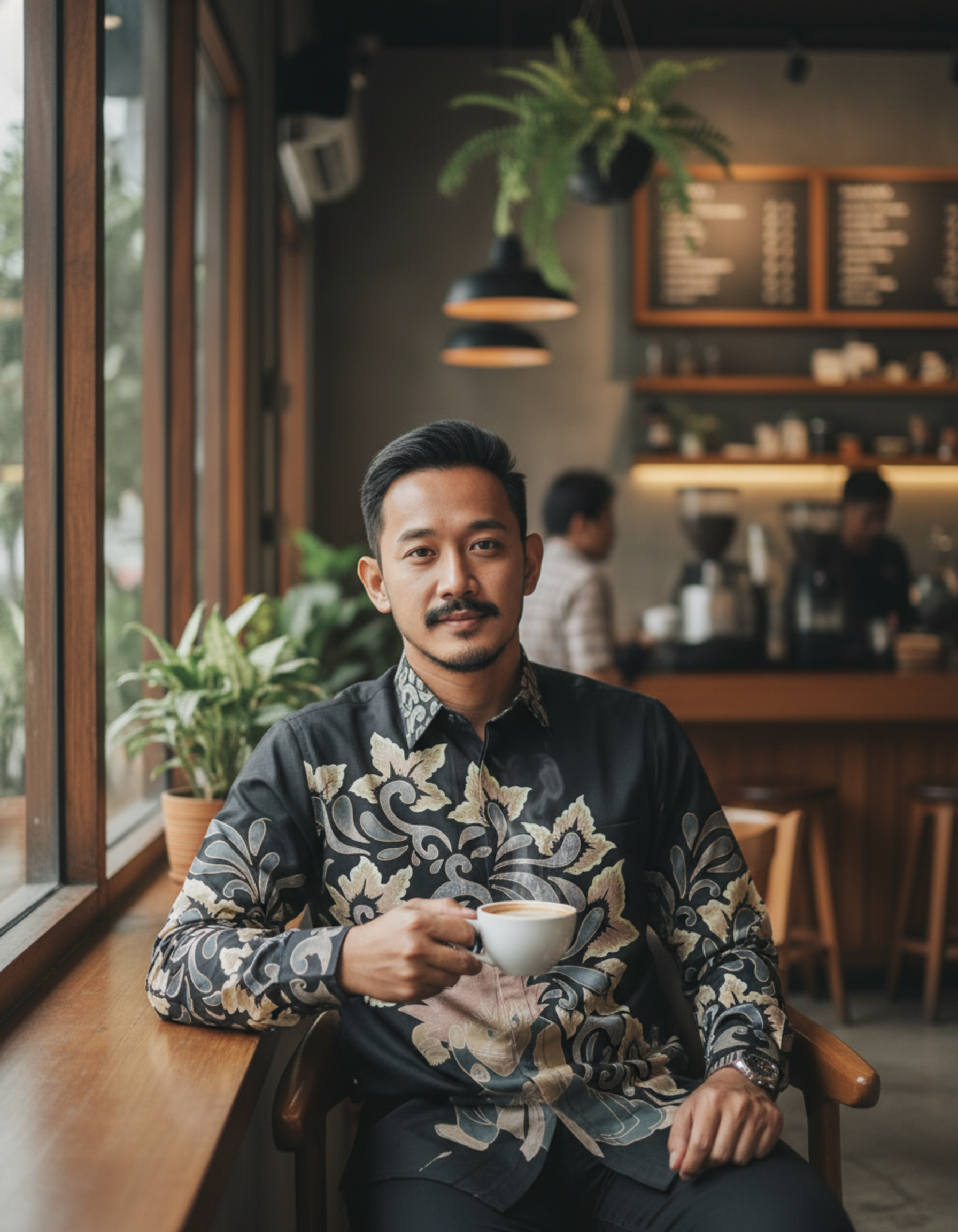 Kemeja batik tulis motif Ksatria Bayu hitam di atas katun, memadukan semangat modern dan sulur klasik.