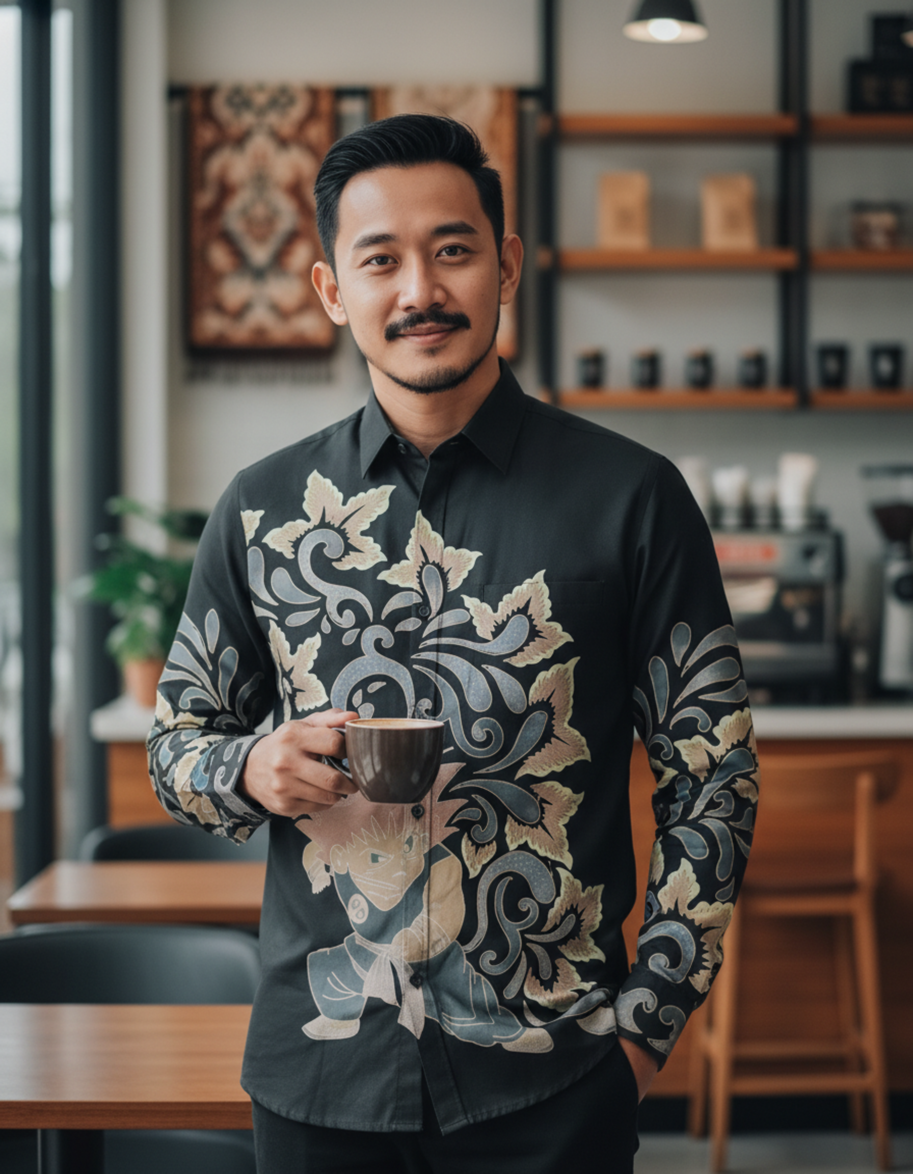 Kemeja batik tulis motif Ksatria Bayu hitam di atas katun, memadukan semangat modern dan sulur klasik.