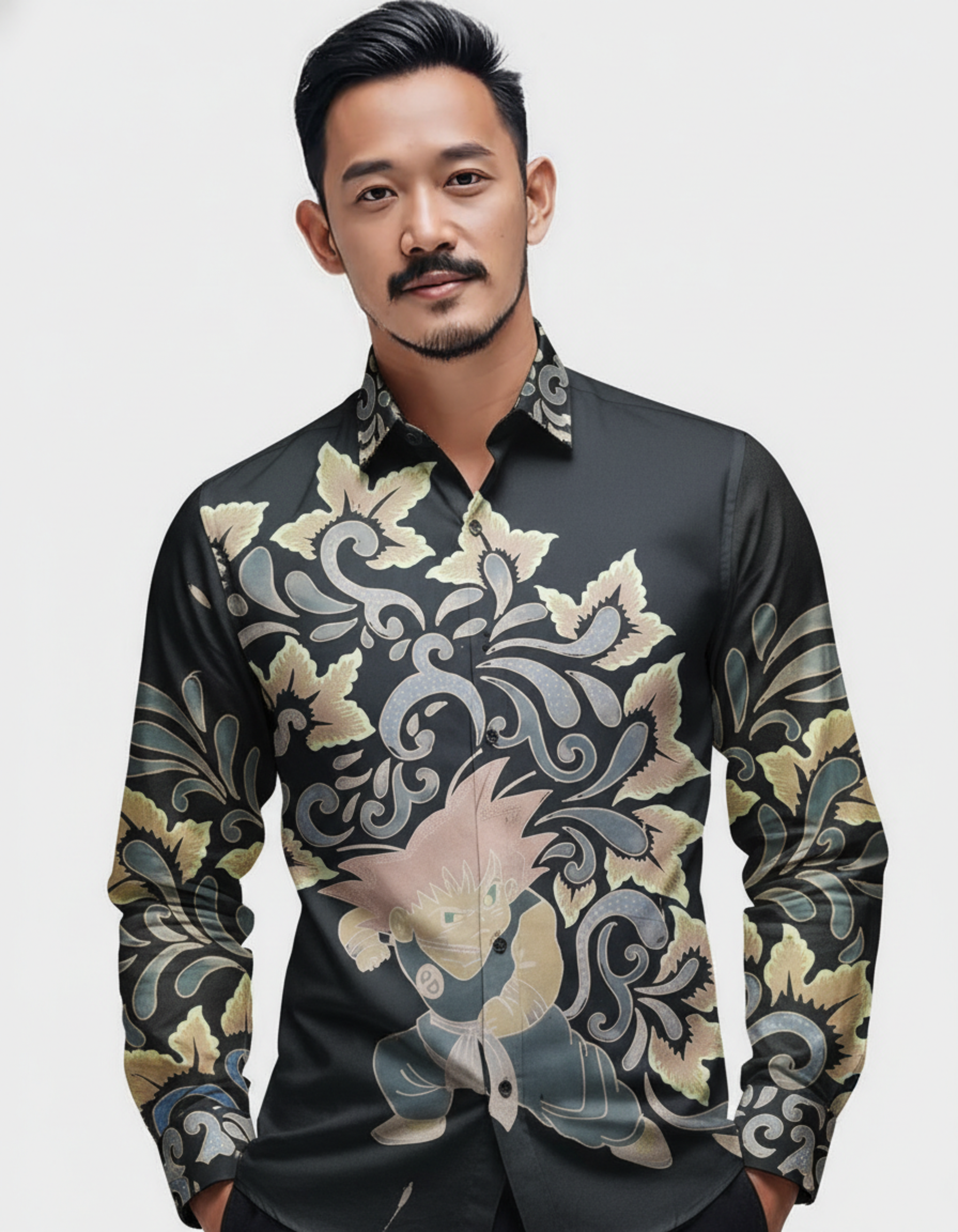 Kemeja batik tulis motif Ksatria Bayu hitam di atas katun, memadukan semangat modern dan sulur klasik.