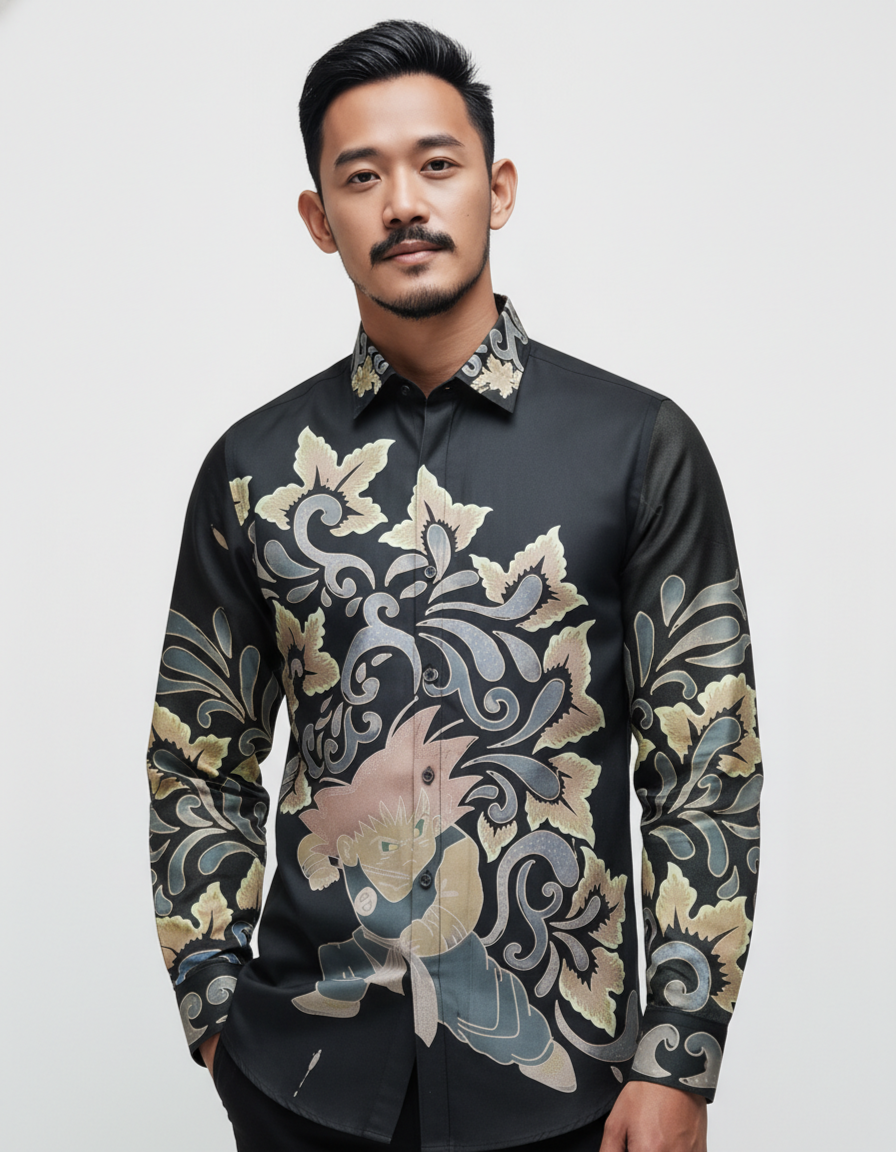 Kemeja batik tulis motif Ksatria Bayu hitam di atas katun, memadukan semangat modern dan sulur klasik.