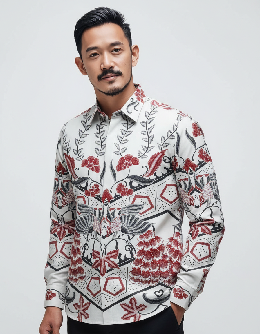 Mockup kemeja batik tulis lengan panjang motif Paksi Dwitama dengan dasar kain putih serta aksen merah dan hitam yang tegas.