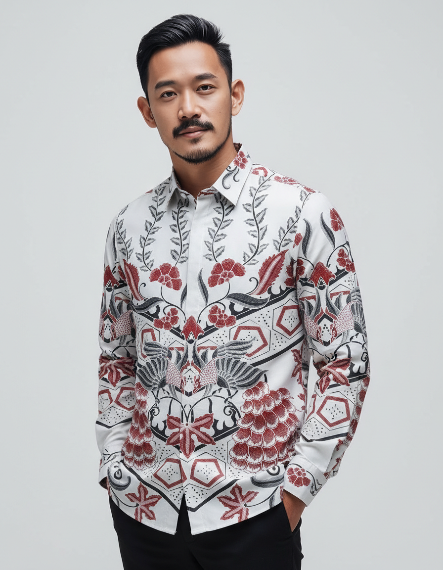 Mockup kemeja batik tulis lengan panjang motif Paksi Dwitama dengan dasar kain putih serta aksen merah dan hitam yang tegas.