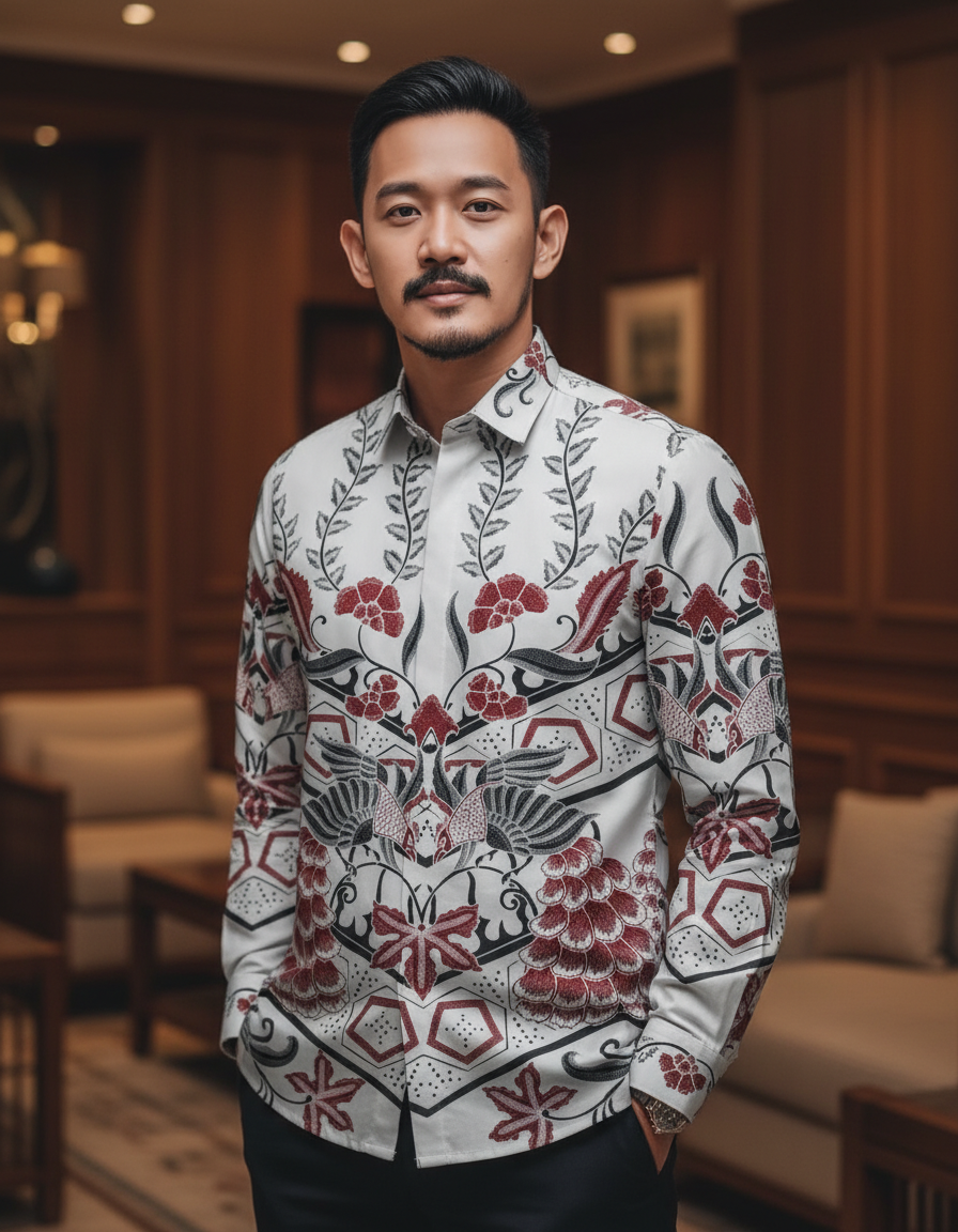 Mockup kemeja batik tulis lengan panjang motif Paksi Dwitama dengan dasar kain putih serta aksen merah dan hitam yang tegas.