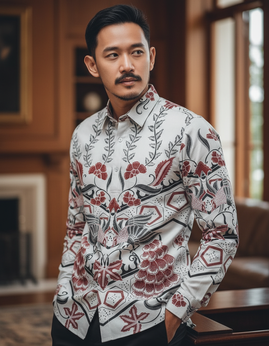 Mockup kemeja batik tulis lengan panjang motif Paksi Dwitama dengan dasar kain putih serta aksen merah dan hitam yang tegas.