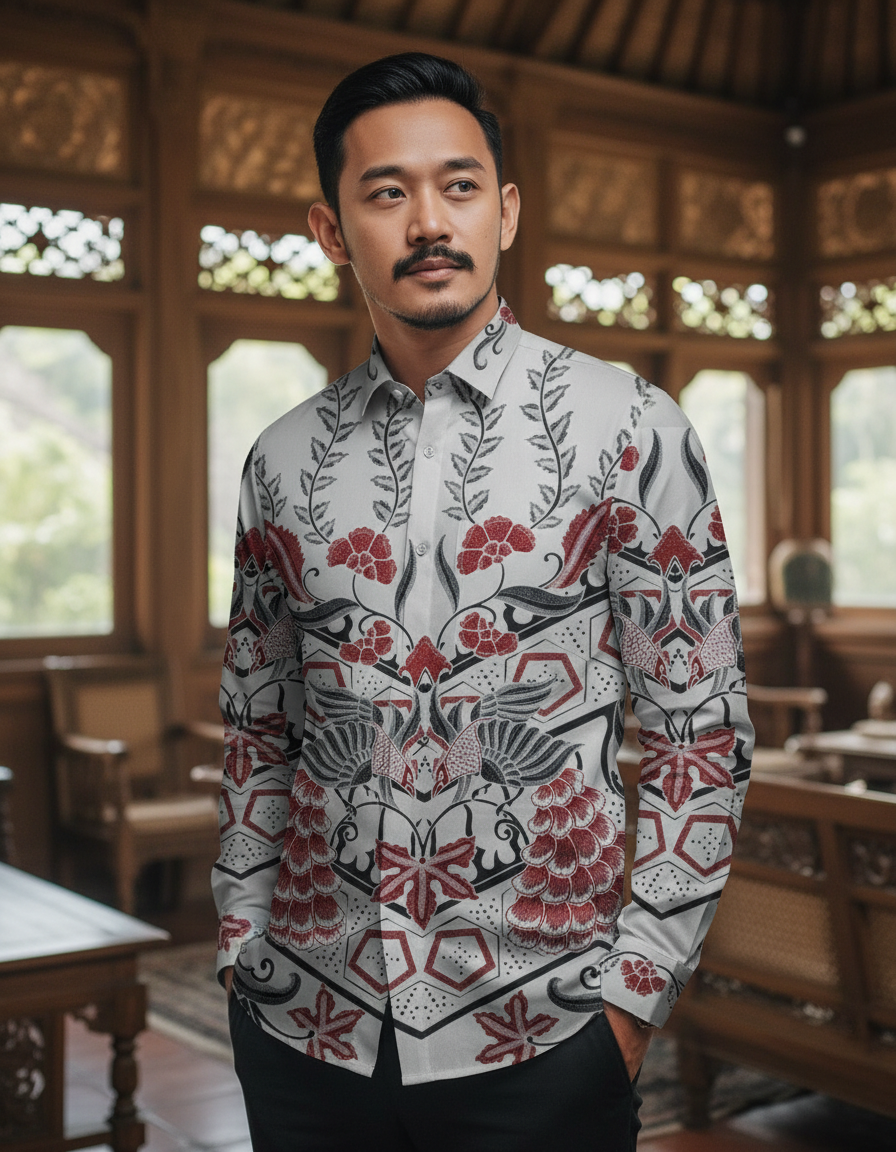 Mockup kemeja batik tulis lengan panjang motif Paksi Dwitama dengan dasar kain putih serta aksen merah dan hitam yang tegas.