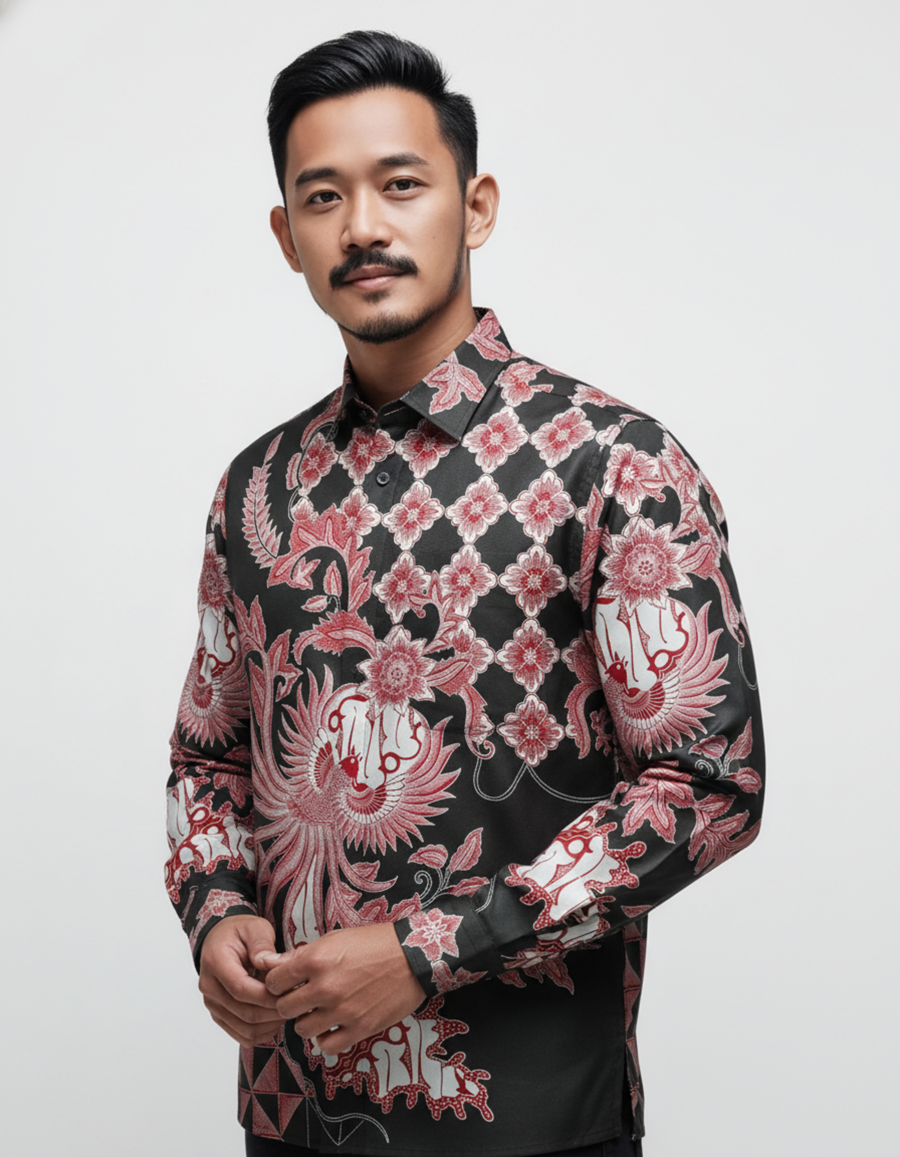 Kemeja batik tulis lengan panjang motif Garuda Api merah menyala di atas kain katun primissima hitam.