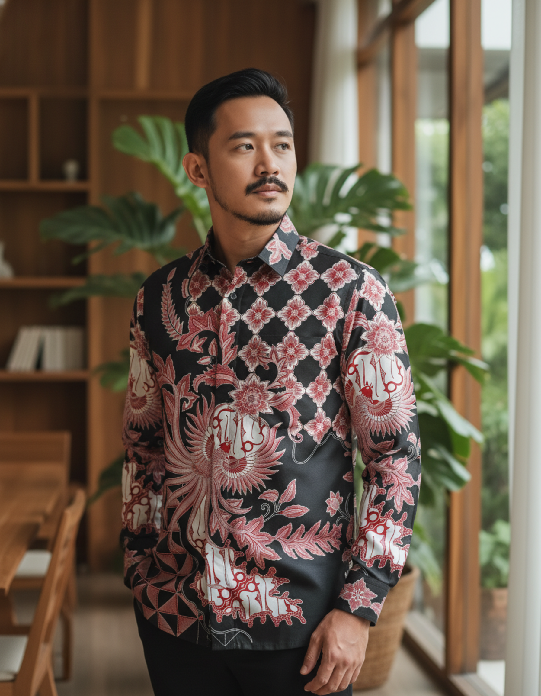 Kemeja batik tulis lengan panjang motif Garuda Api merah menyala di atas kain katun primissima hitam.