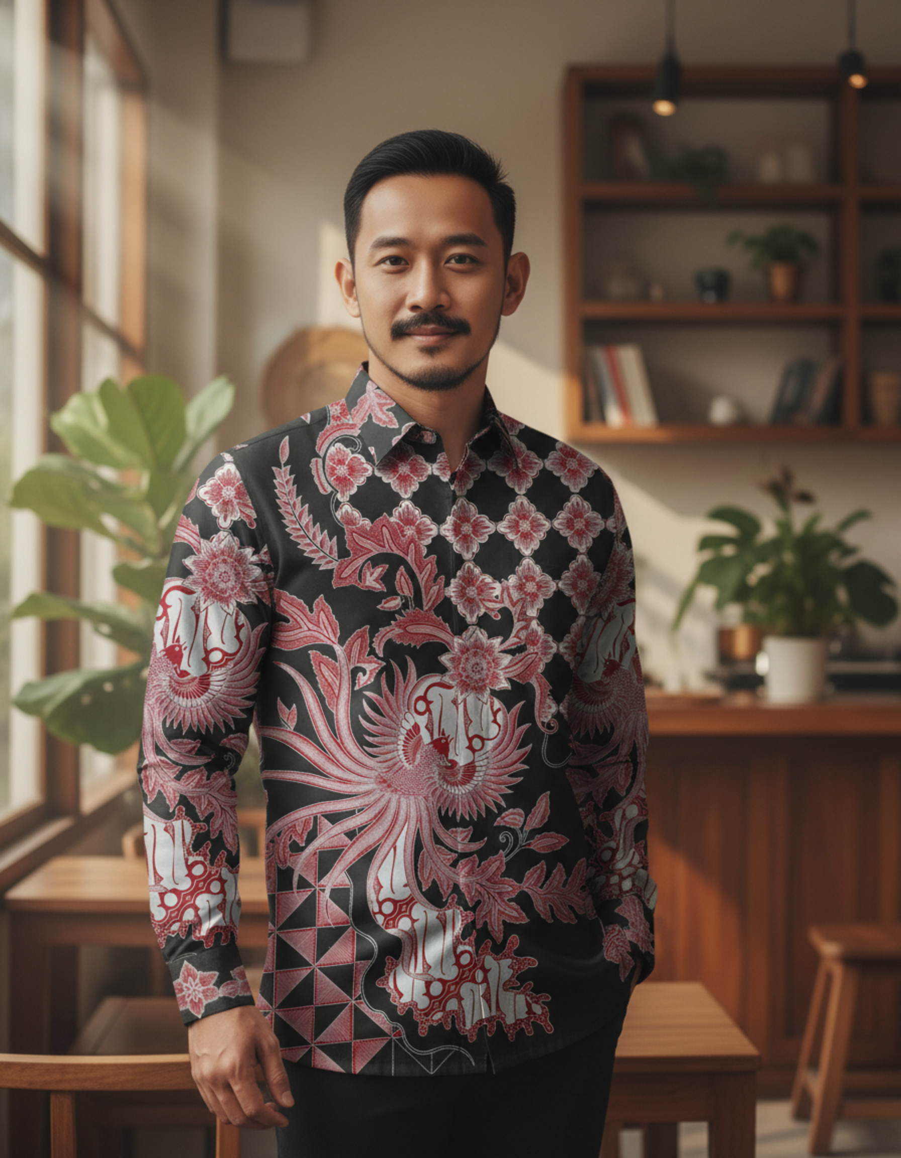 Kemeja batik tulis lengan panjang motif Garuda Api merah menyala di atas kain katun primissima hitam.