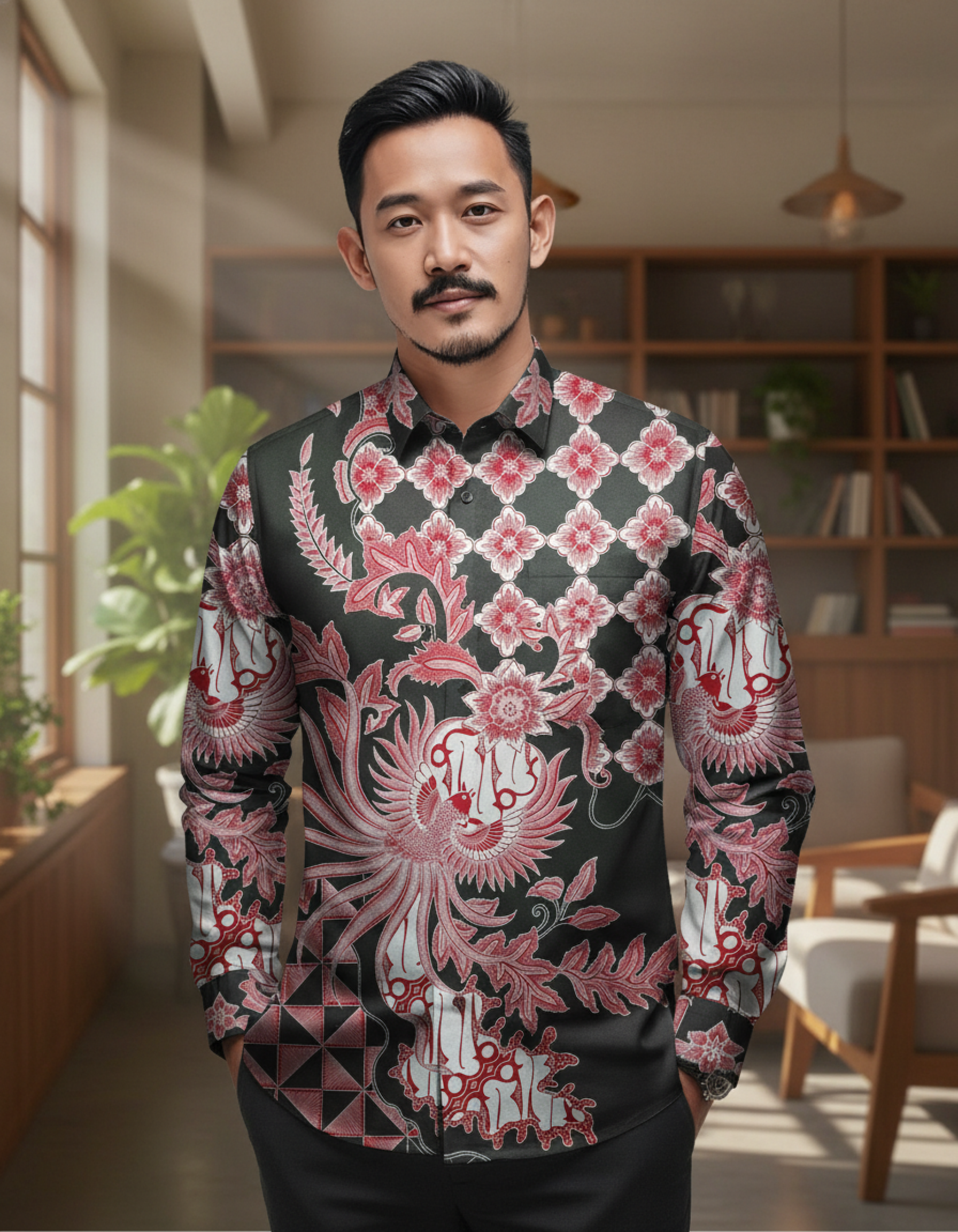 Kemeja batik tulis lengan panjang motif Garuda Api merah menyala di atas kain katun primissima hitam.