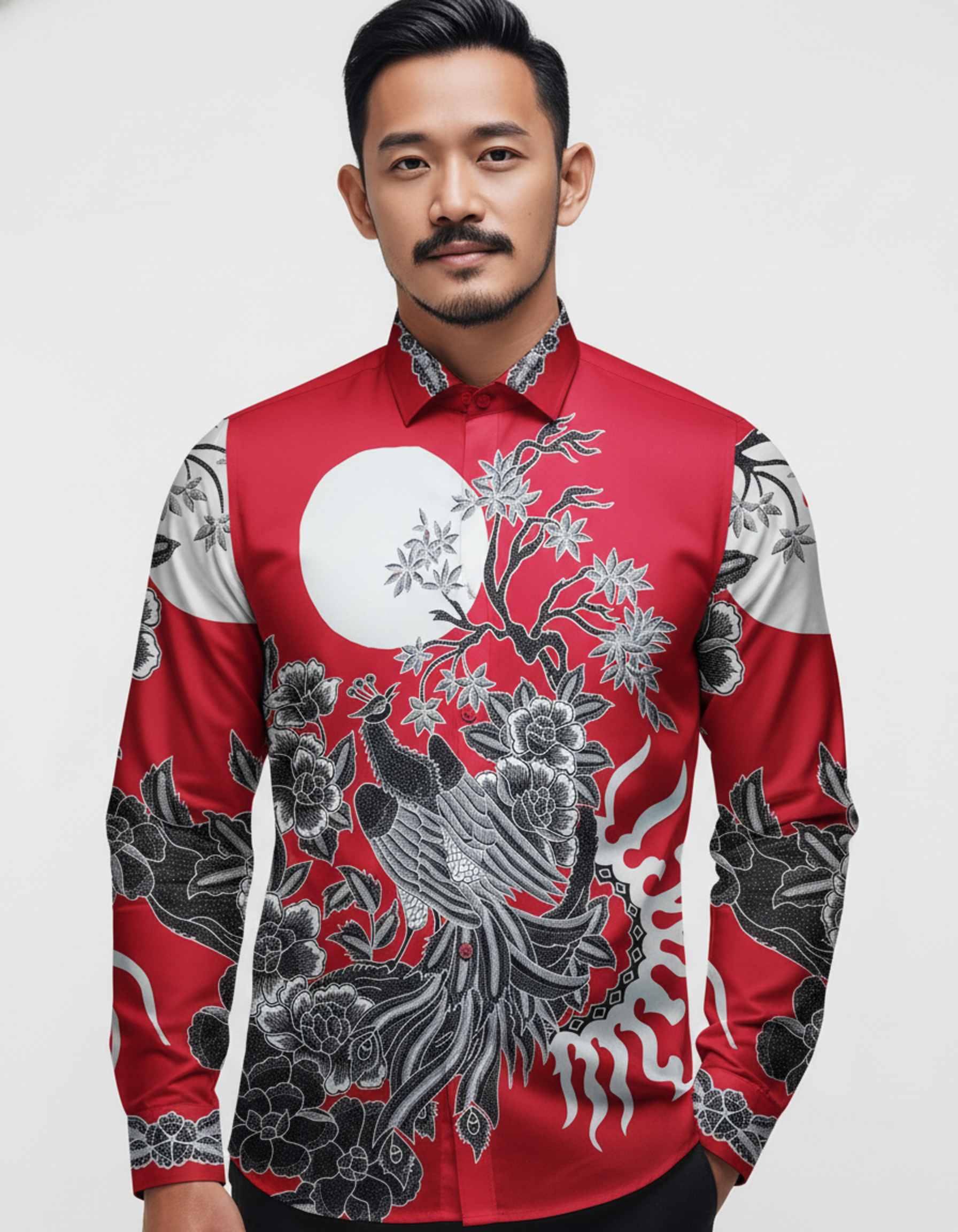 Pola kemeja batik tulis motif Burung Hong merah di bawah purnama, bahan katun primissima, memancarkan aura wibawa dan keanggunan.