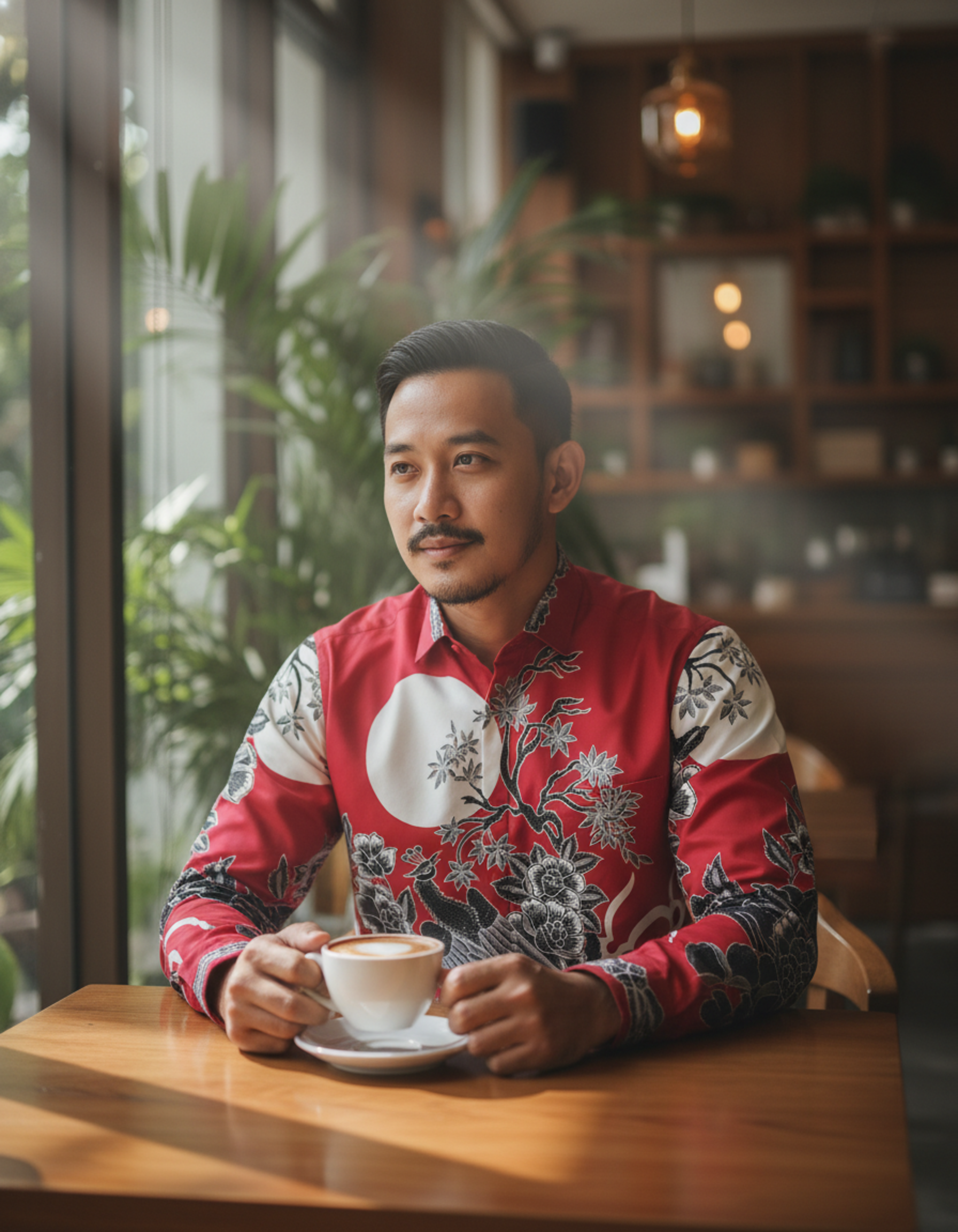 Pola kemeja batik tulis motif Burung Hong merah di bawah purnama, bahan katun primissima, memancarkan aura wibawa dan keanggunan.